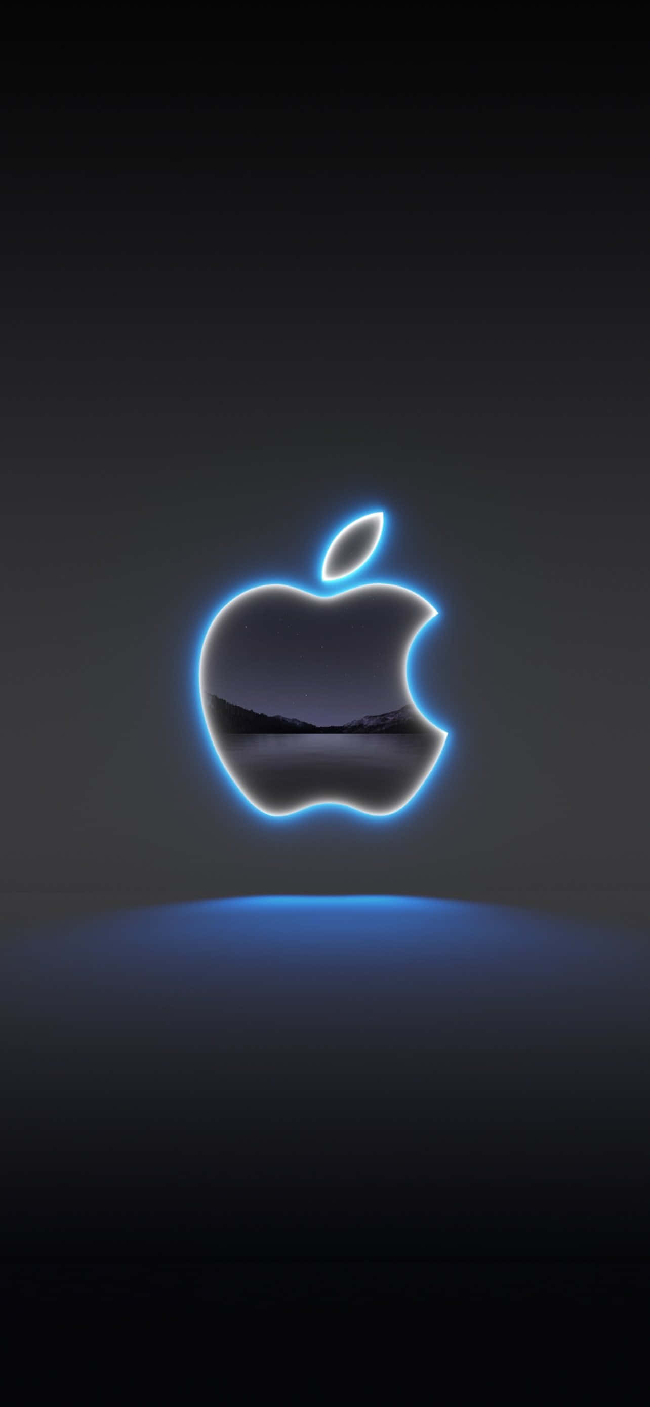 Apple iPhone X, glowing blue neon Apple logo, mountain lake scene, 2K Phone Wallpaper