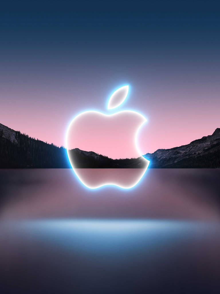 iPhone Apple Mountain Landscape, neon apple logo, calm lake, SD Phone Wallpaper