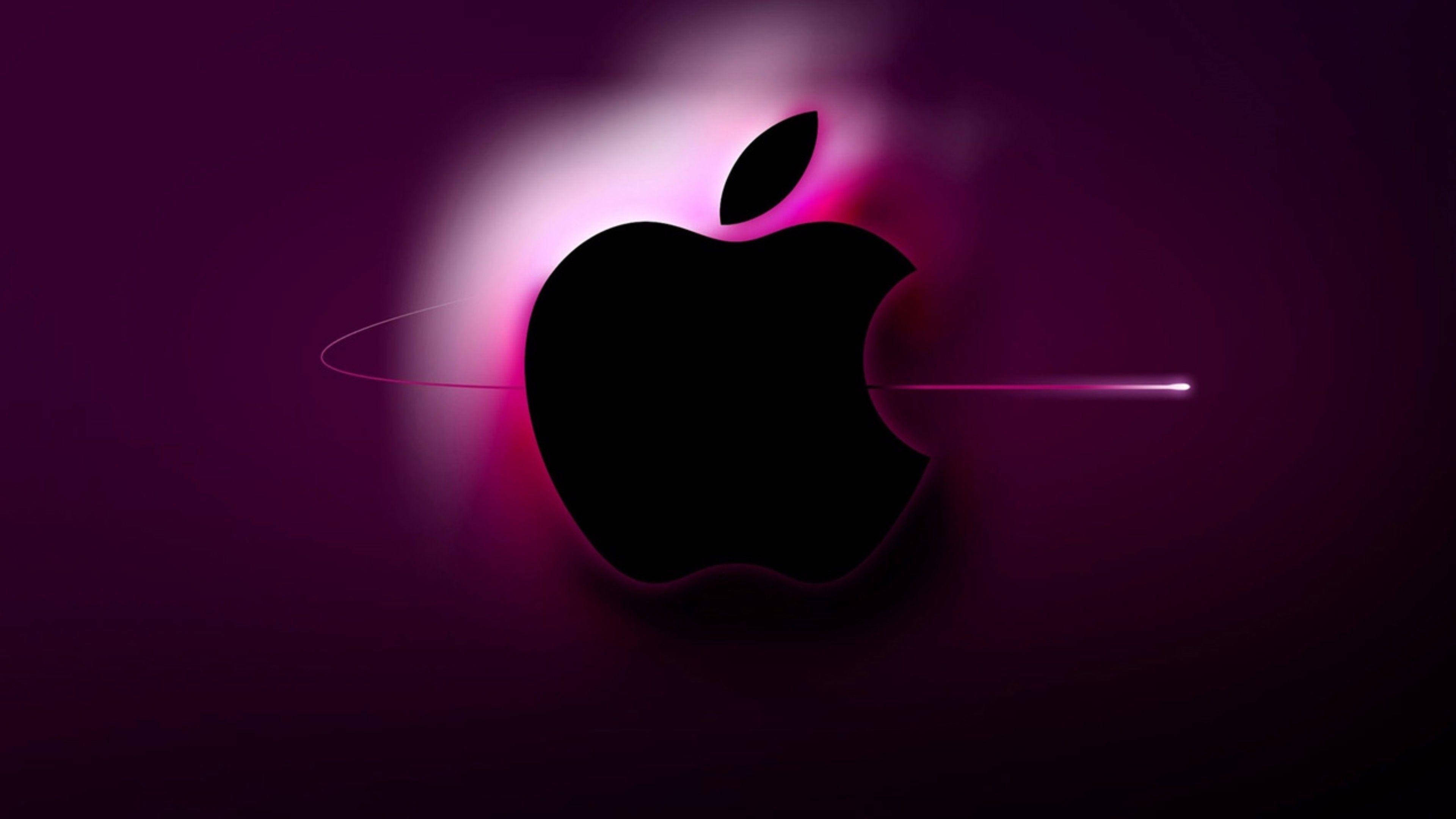 Apple Logo, glowing pink lights, sleek black Apple logo, 4K Desktop Wallpaper