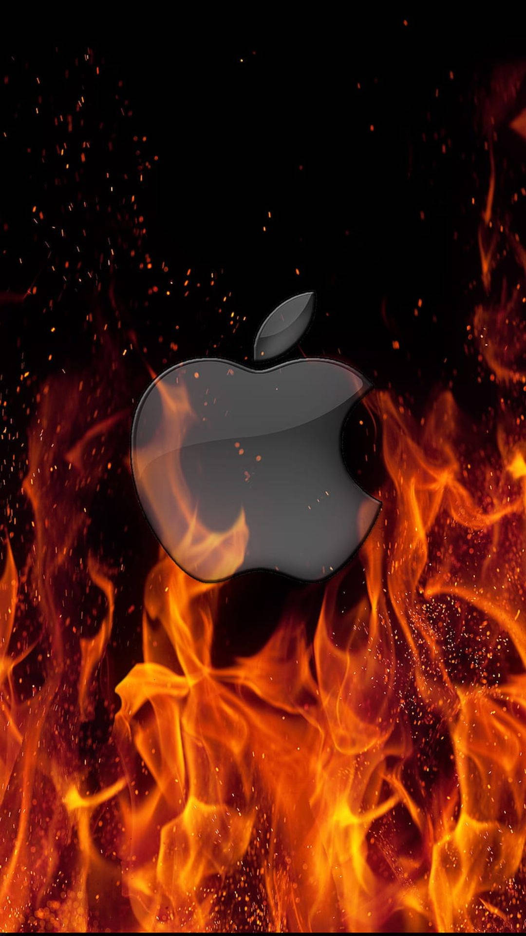 Apple Logo iPhone, sleek black, roaring orange flames, Full HD Phone Wallpaper