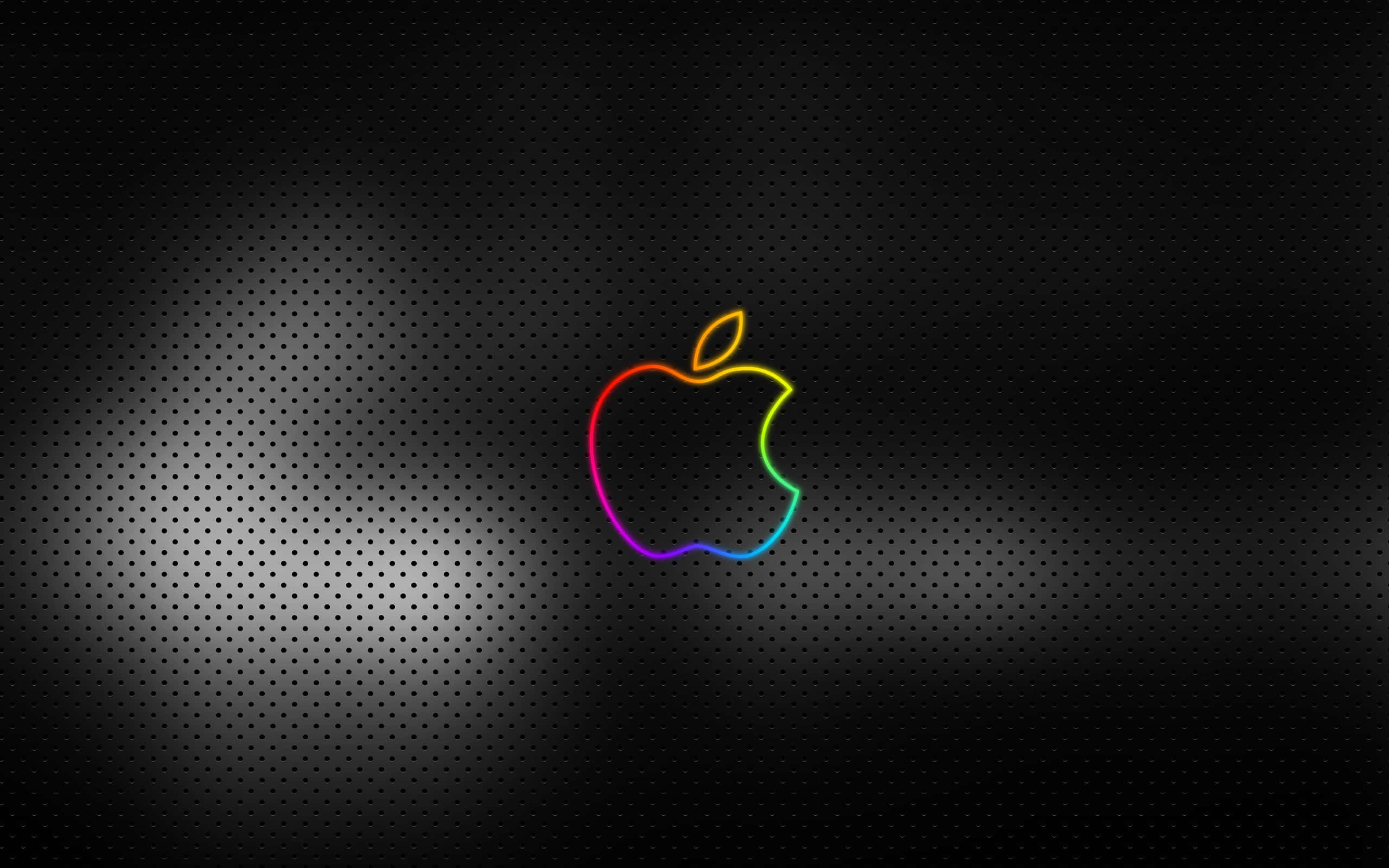 Apple logo, rainbow-outlined, dark perforated metal background, 2K Desktop Wallpaper