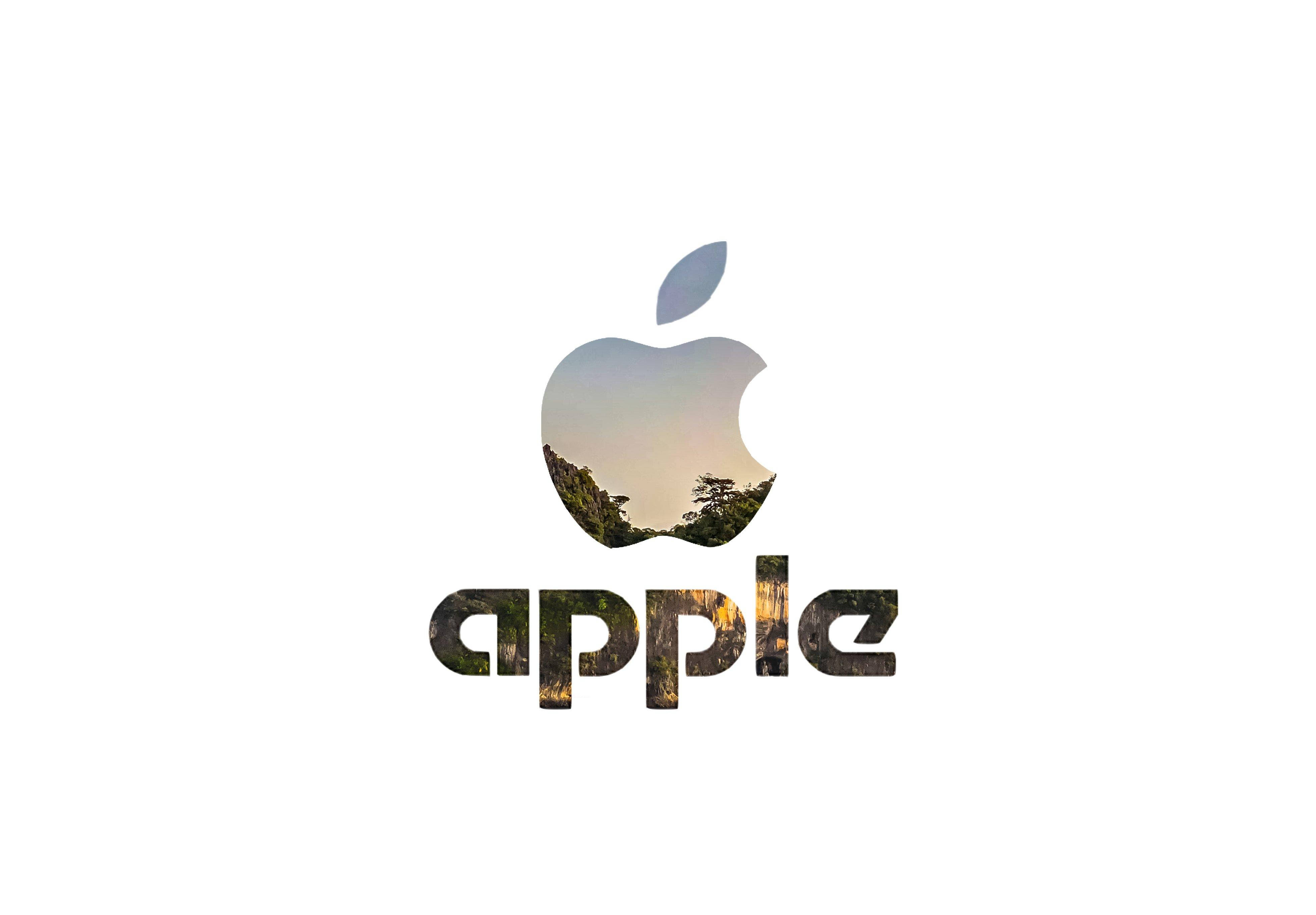 Apple Logo, serene sunset forest scene, white background, 4K Desktop Wallpaper