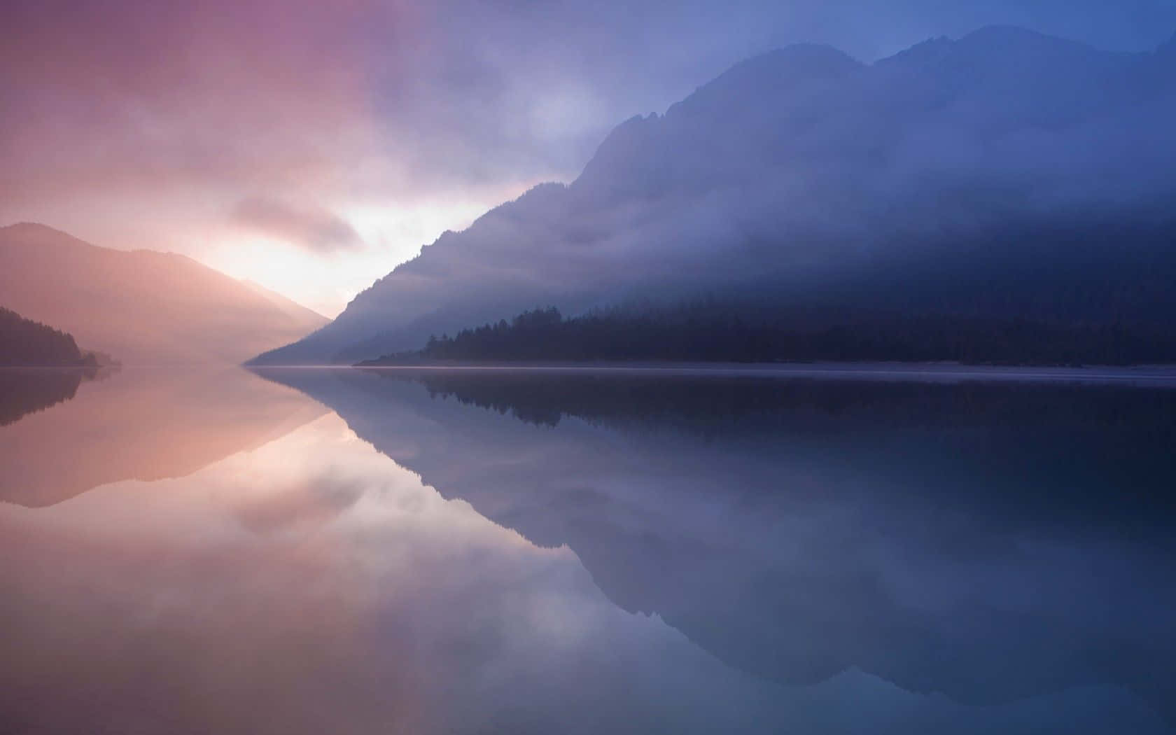 Apple Mac Desktop, mountain lake, misty dawn sky, HD Desktop Wallpaper