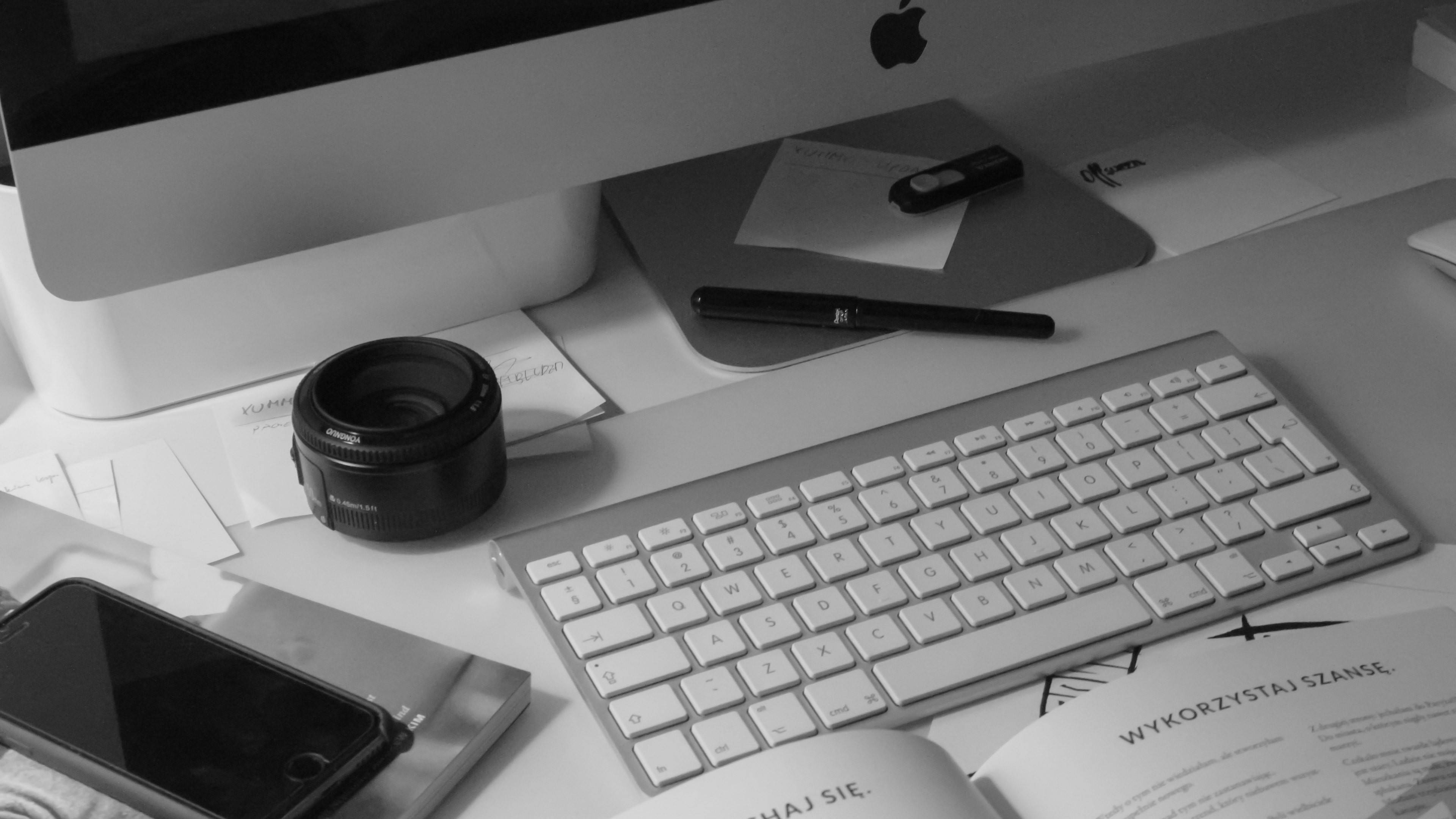 iMac, keyboard, camera lens, 4K Desktop Wallpaper