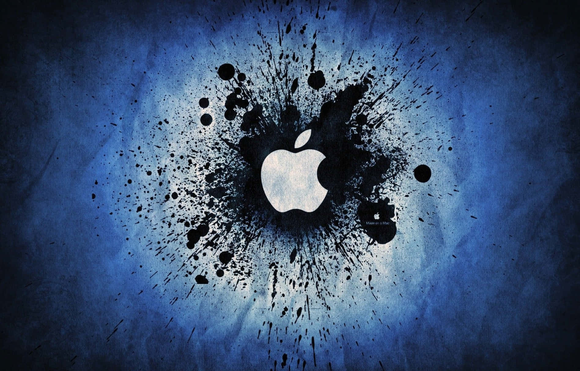 Apple logo, black ink splatter, textured blue background, HD Desktop Wallpaper