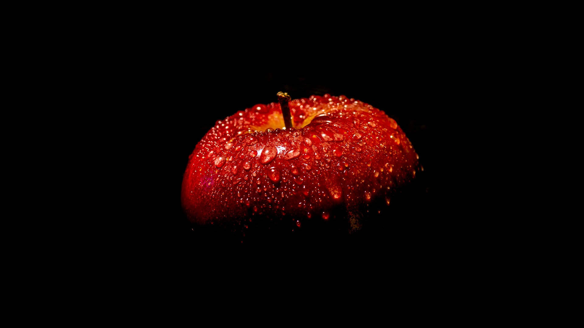 black background, glistening red apple, water droplets, Full HD Desktop Wallpaper