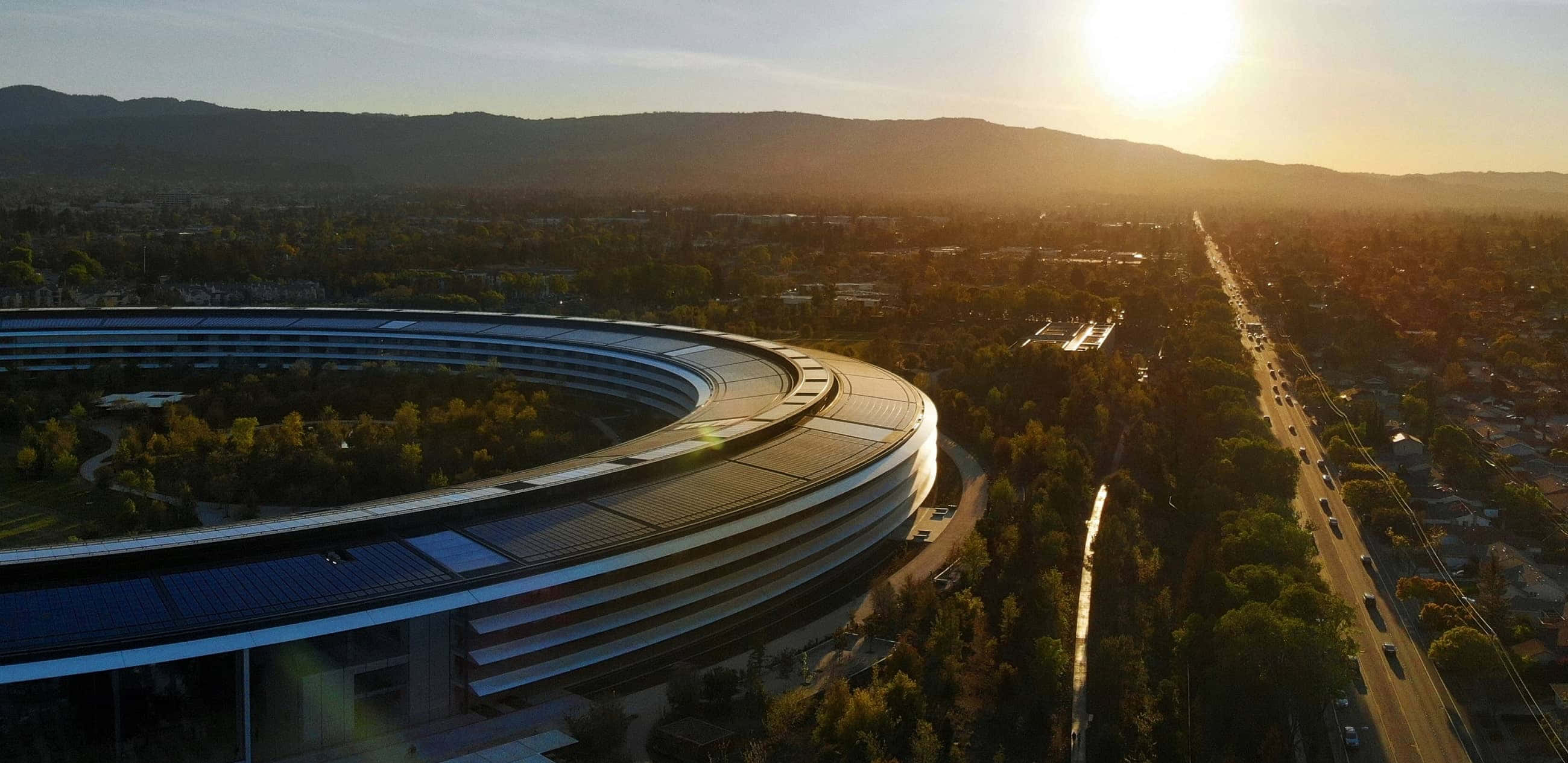Apple Park, sunset, aerial view, 2K Desktop Wallpaper