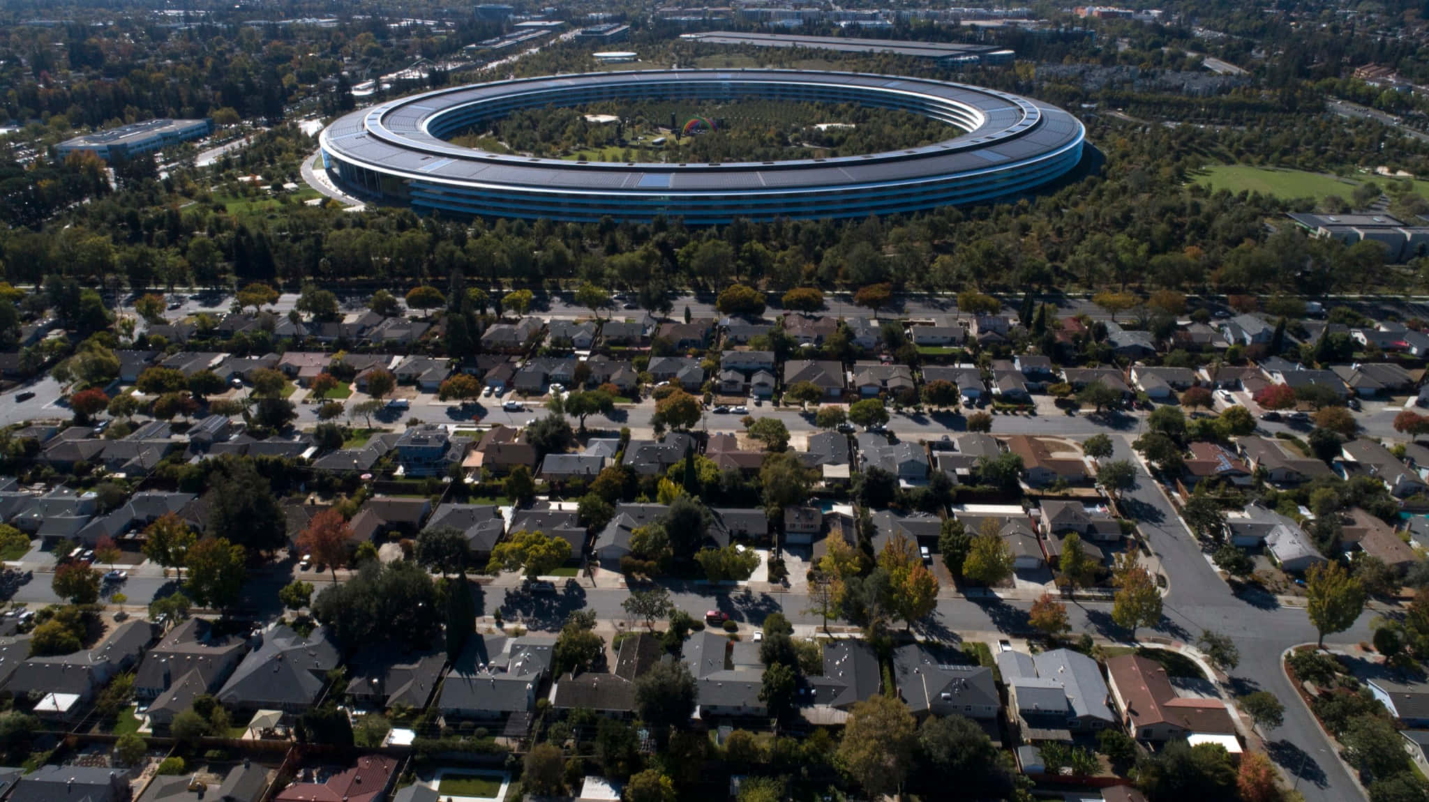 Apple Park, circular building, suburban homes, Full HD Desktop Wallpaper