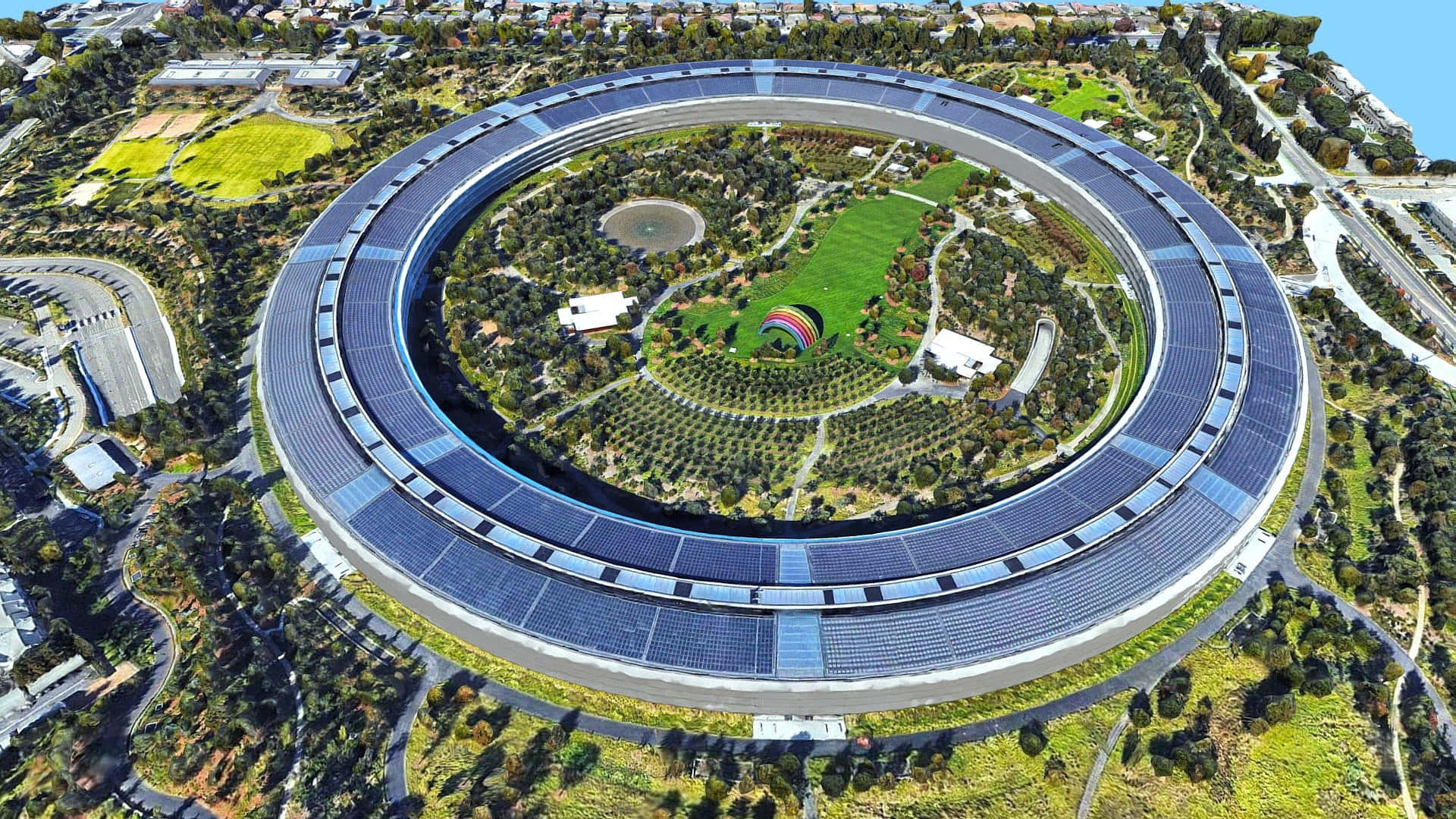 Apple Park, circular building, solar panels, Full HD Desktop Wallpaper