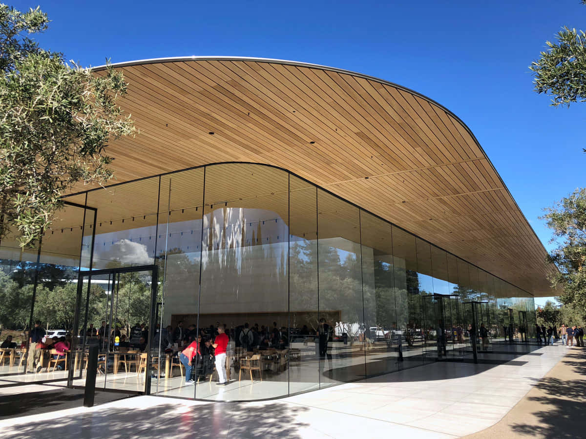 Apple Park, glass building, sweeping wooden roof, SD Desktop Wallpaper