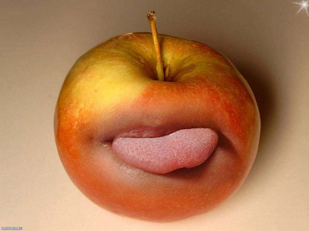 Apple, human tongue, ripe red and yellow apple, SD Desktop Wallpaper