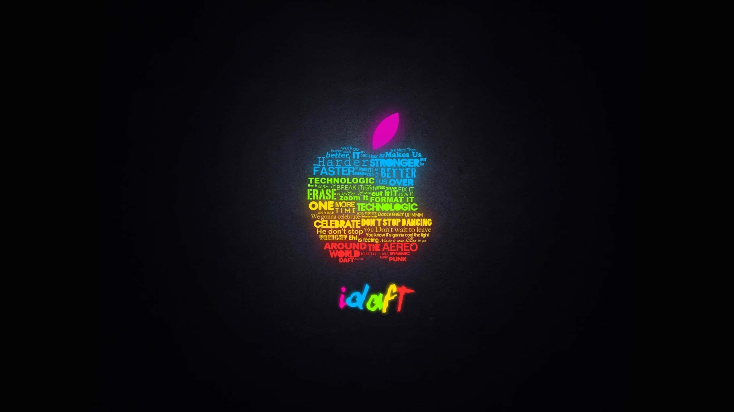 Cool Apple, rainbow Apple logo, tech-themed words, 2K Desktop Wallpaper
