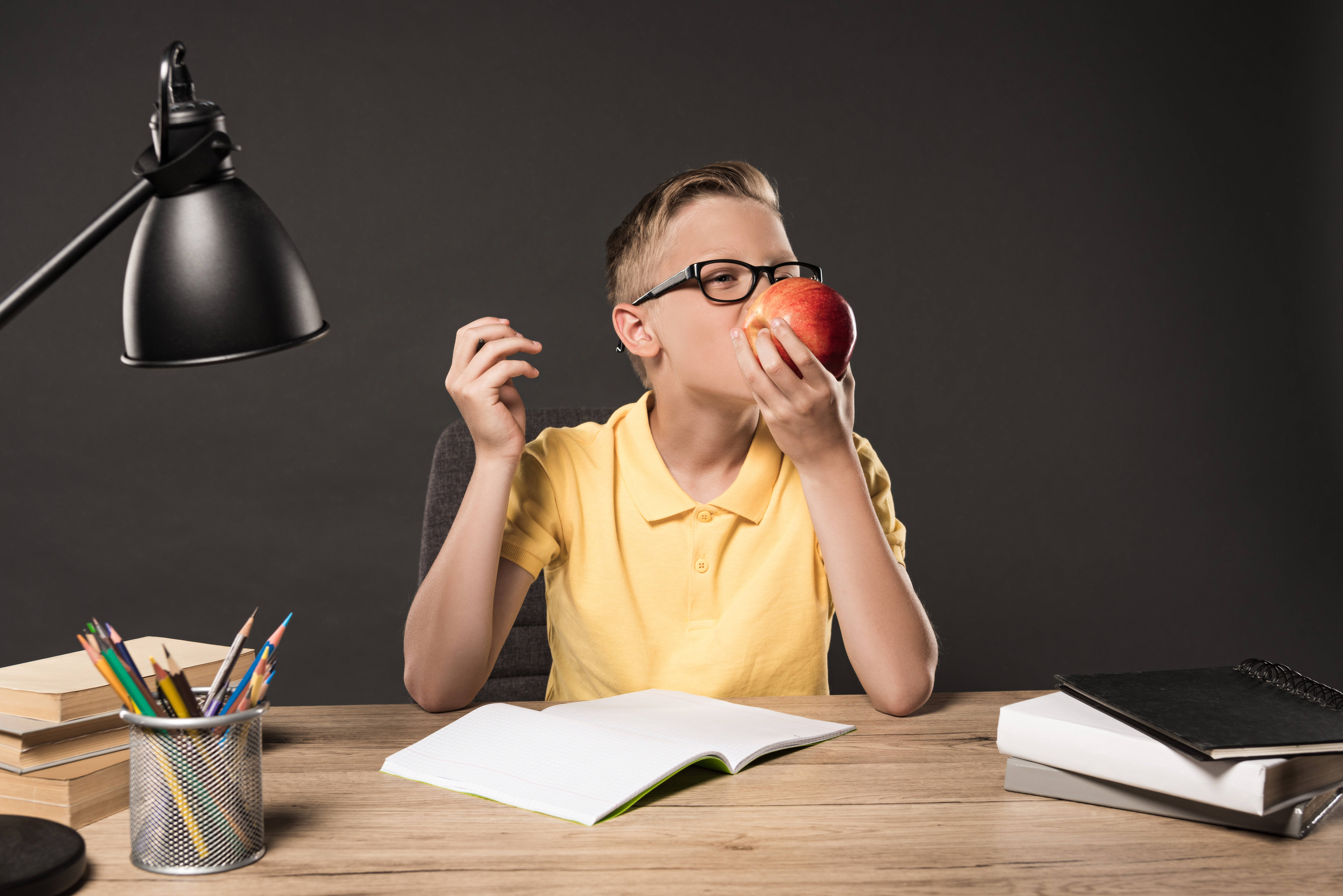 Apple, wooden desk, black lamp, 5K Desktop Wallpaper
