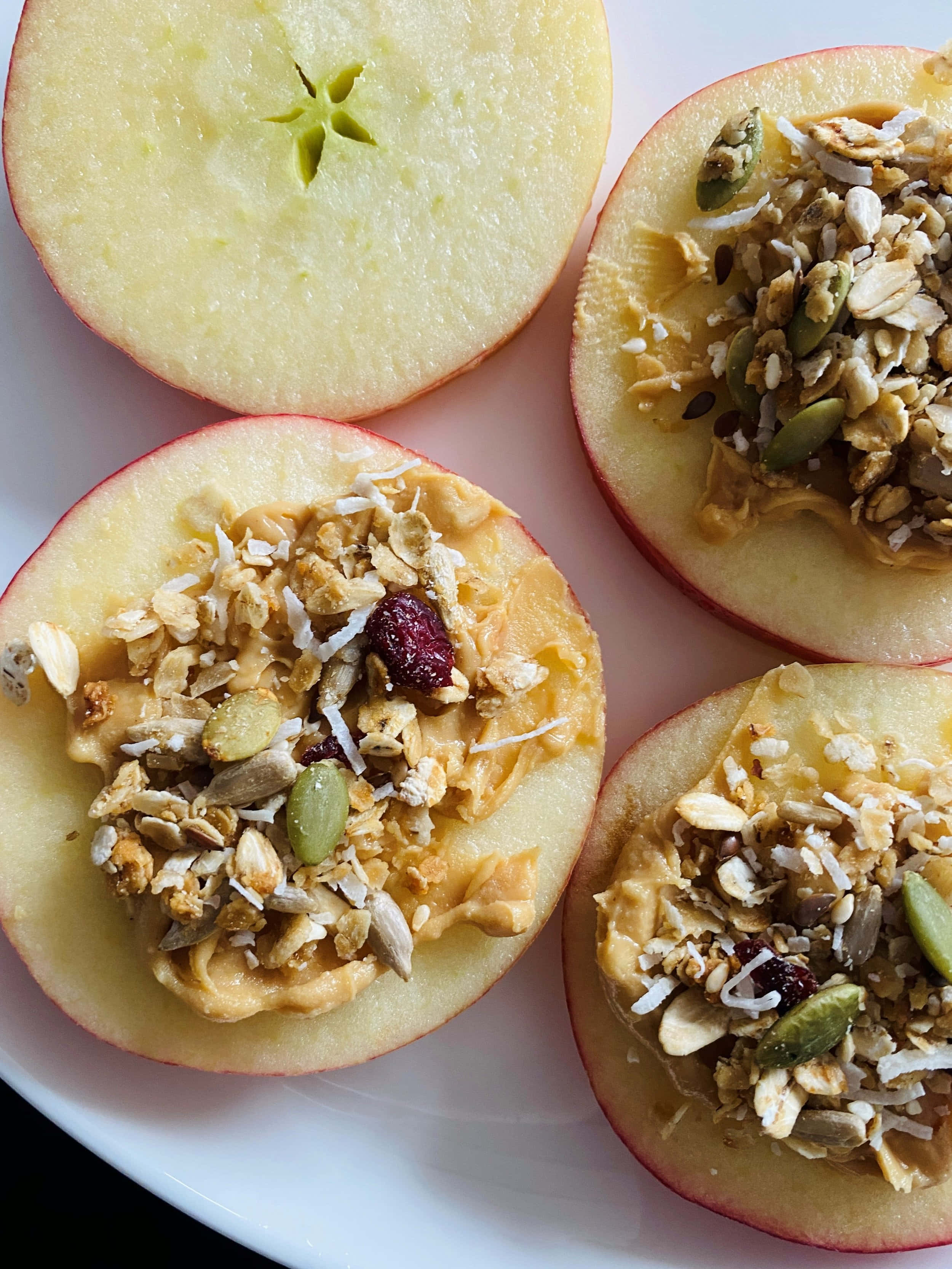 apple snacks, peanut butter, granola, 2K Phone Wallpaper