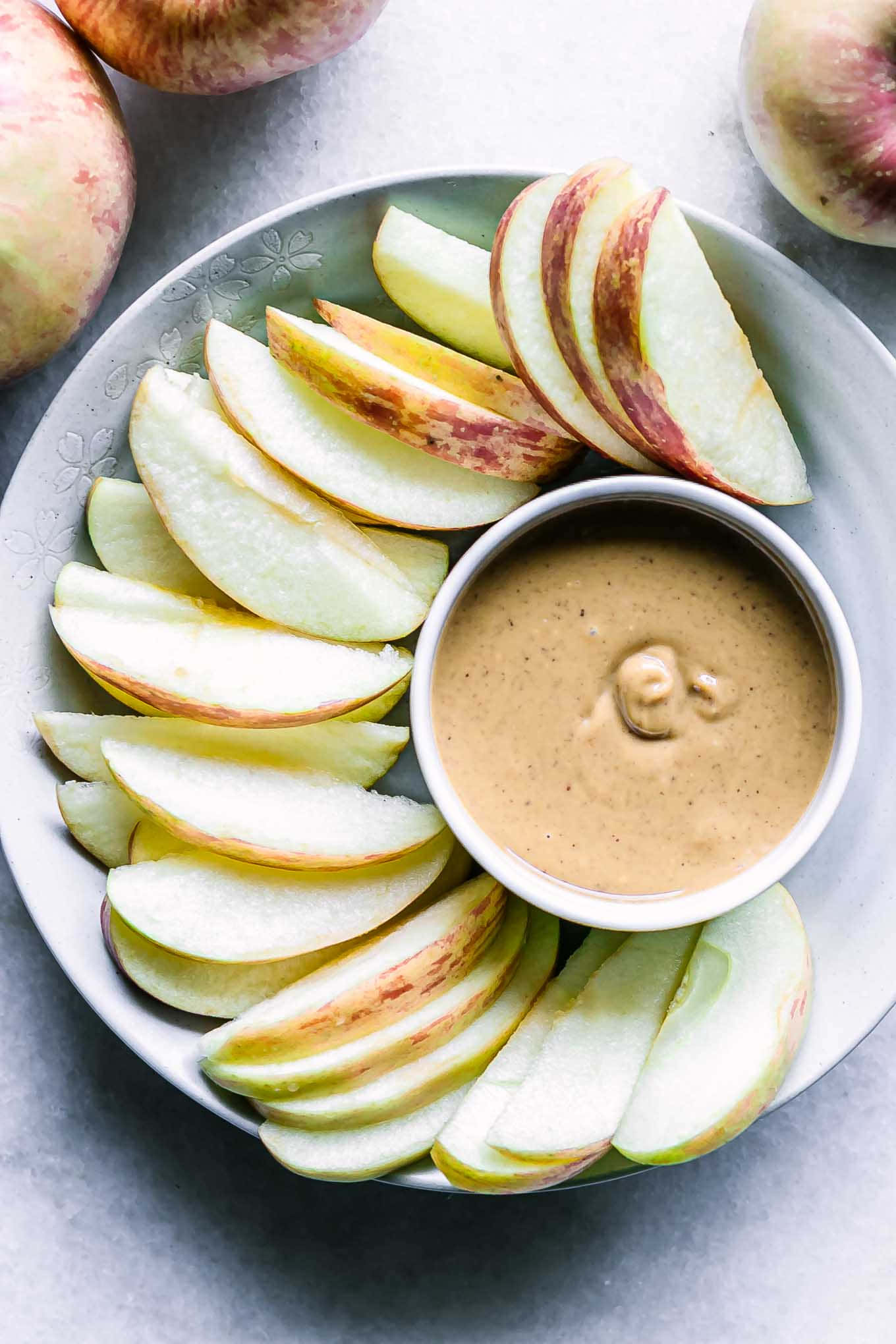 apple slices, peanut butter dip, plate, Full HD Phone Wallpaper