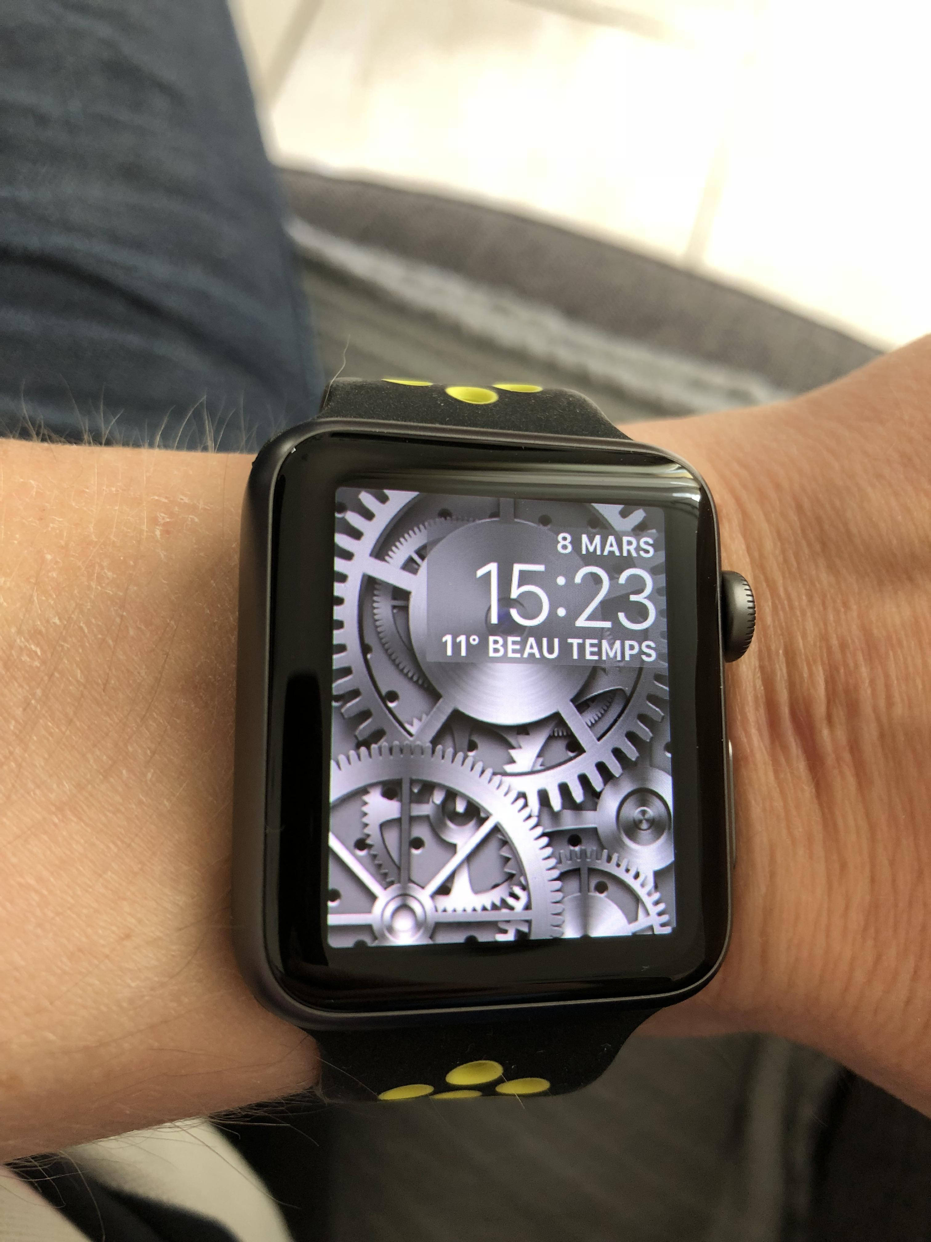 Apple Watch, mechanical gear dial, time and weather info, 4K Phone Wallpaper