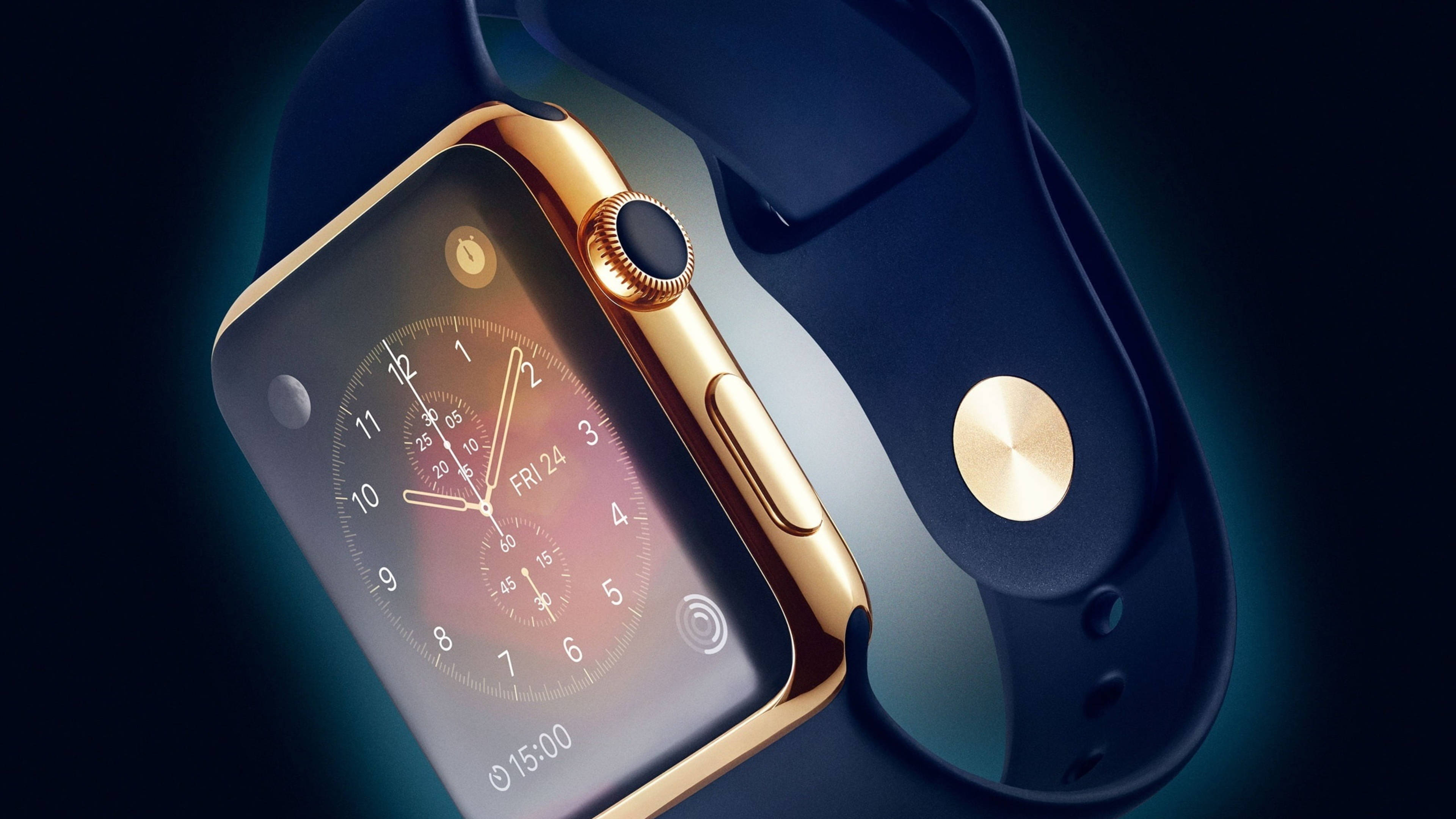 Apple Watch, gold bezel, dark blue band, 4K Desktop Wallpaper