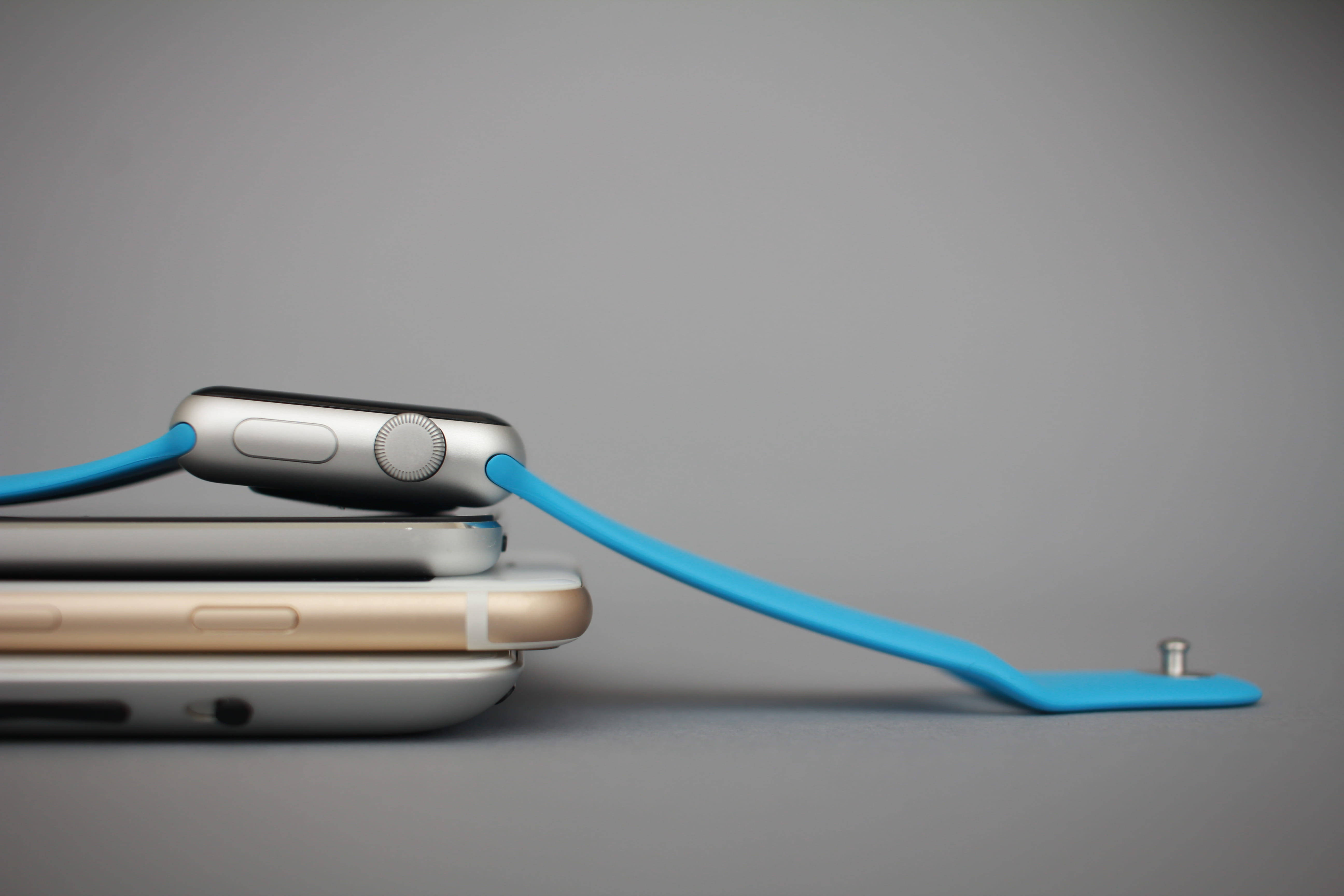Apple Watch, silver, bright blue band, 5K Desktop Wallpaper