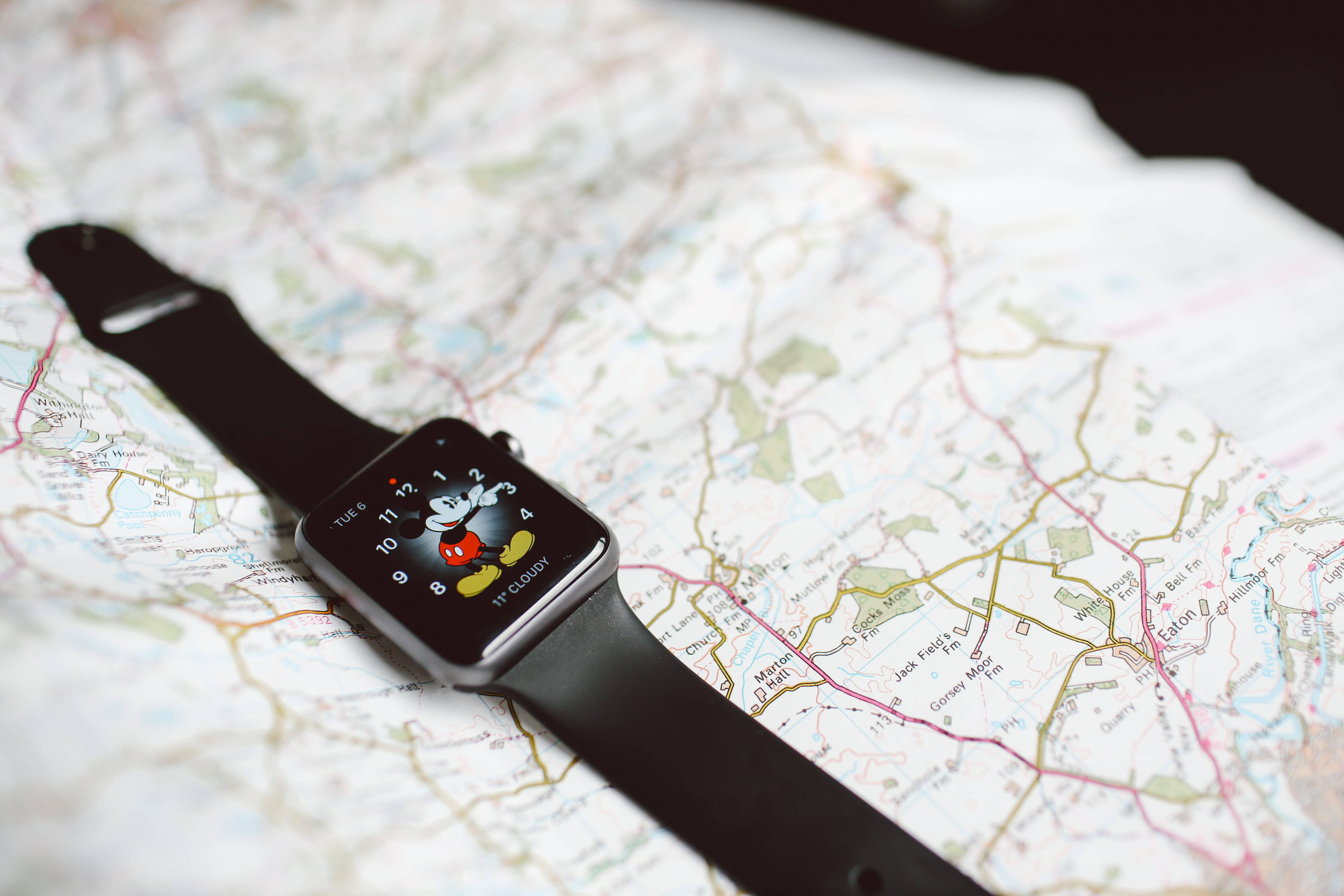 Apple Watch, Mickey Mouse interface, black, 5K Desktop Wallpaper