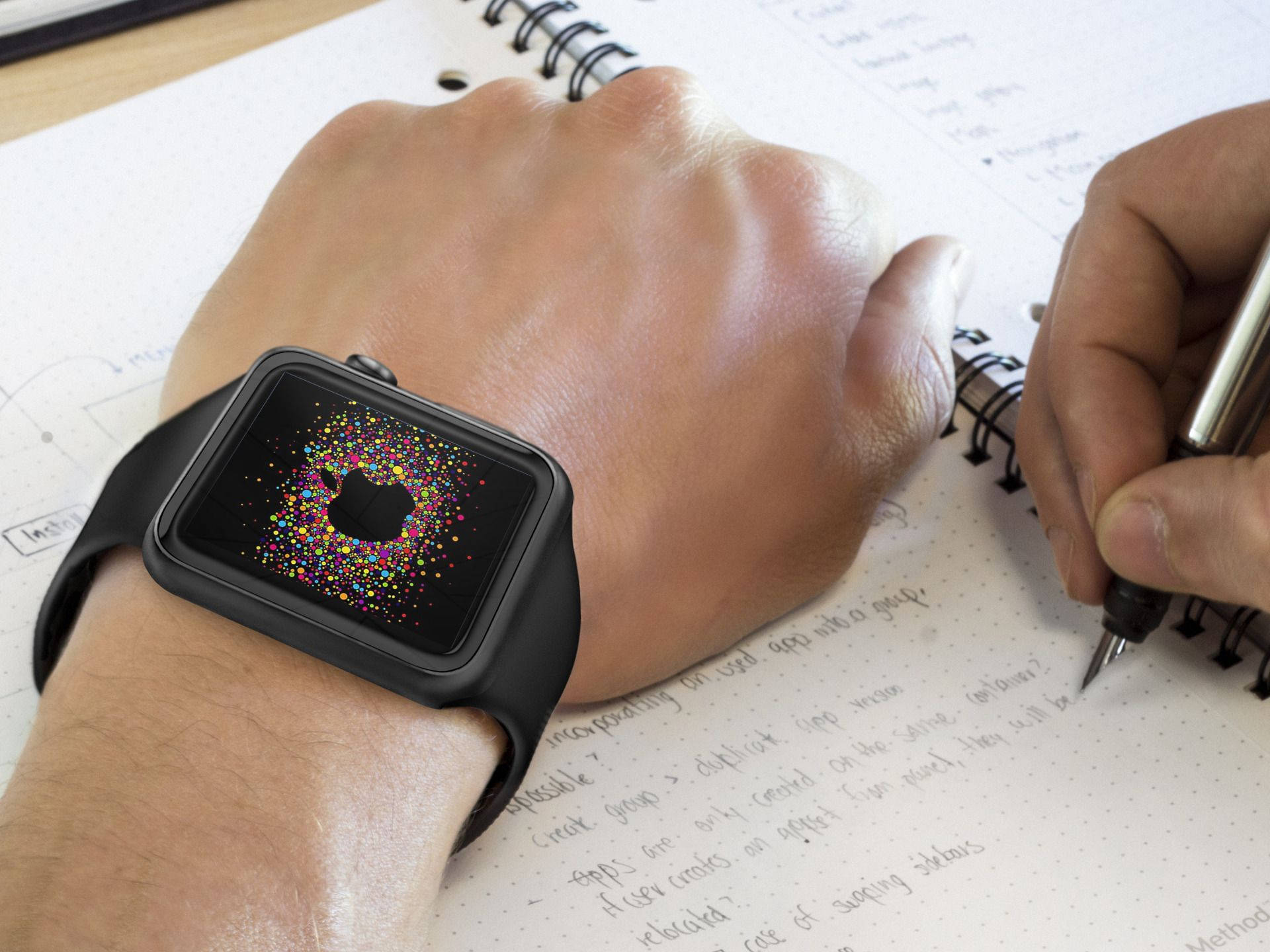 Apple Watch, black silicone band, colorful particle animation, Full HD Desktop Wallpaper