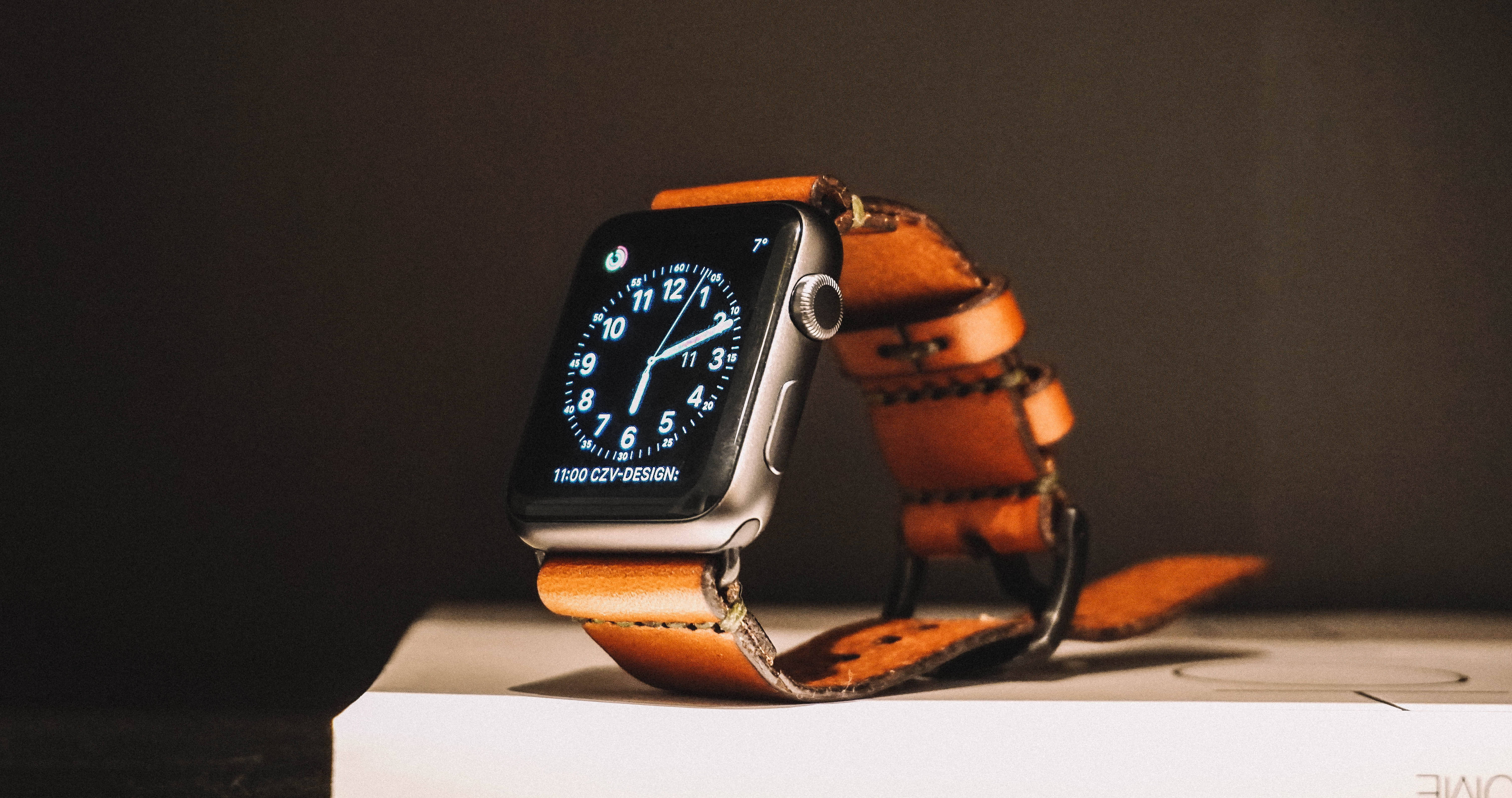 Apple Watch, brown leather strap, white box, 5K Desktop Wallpaper