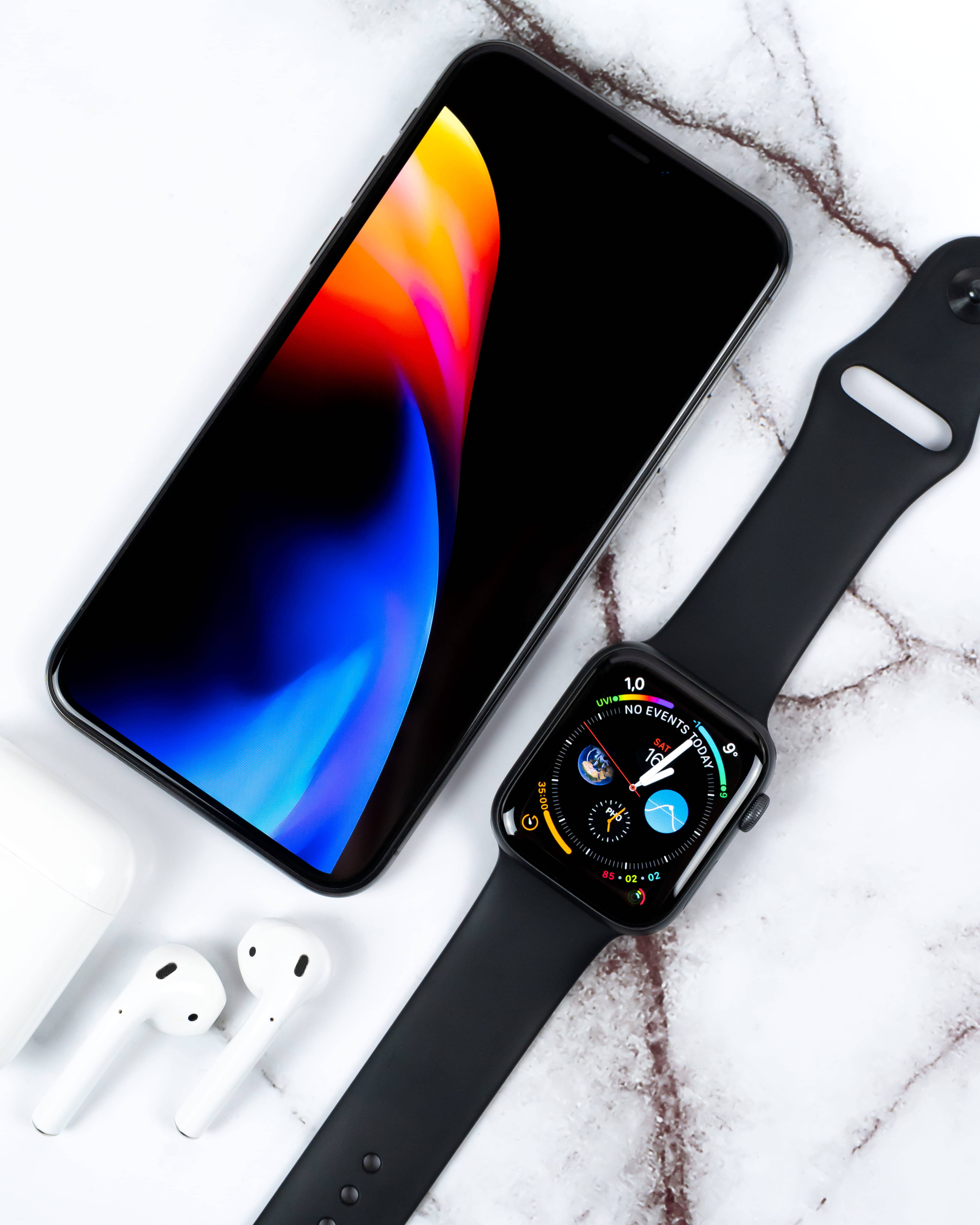 Apple Watch, black, white marble surface, 4K Phone Wallpaper
