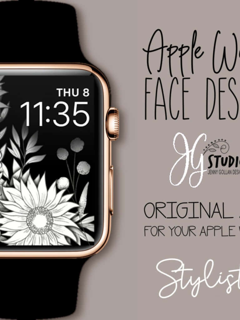 rose gold Apple Watch, black and white floral watch face, muted gray background, SD Phone Wallpaper