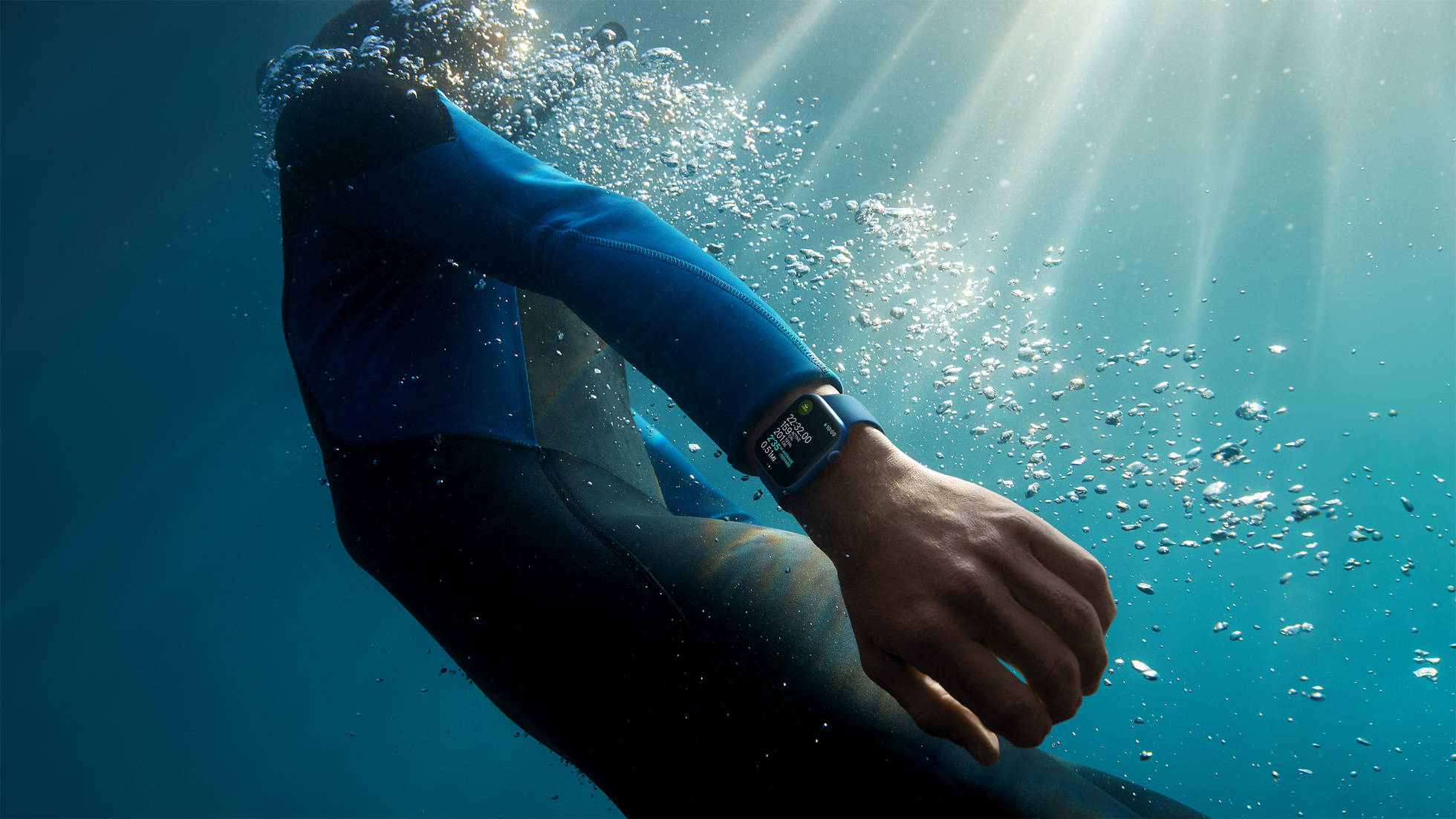Apple Watch, blue wetsuit, underwater, Full HD Desktop Wallpaper