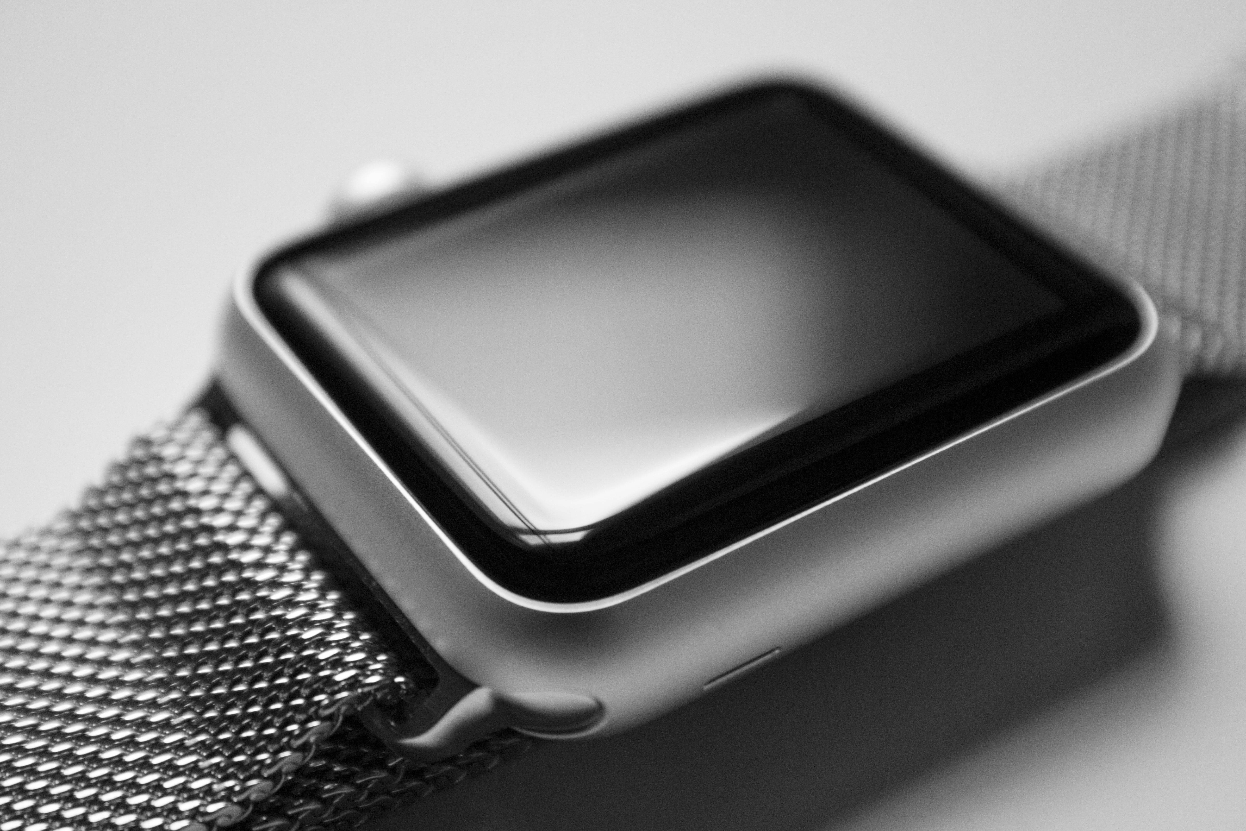 Apple Watch, sleek silver, mesh band, 5K Desktop Wallpaper