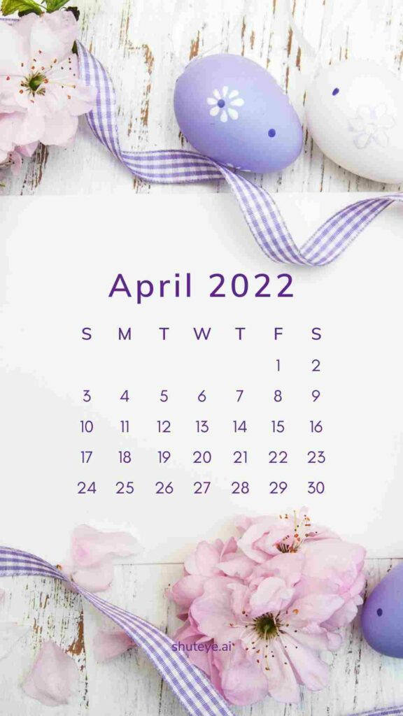 April 2022 Calendar, pastel eggs, pink cherry blossoms, SD Phone Wallpaper