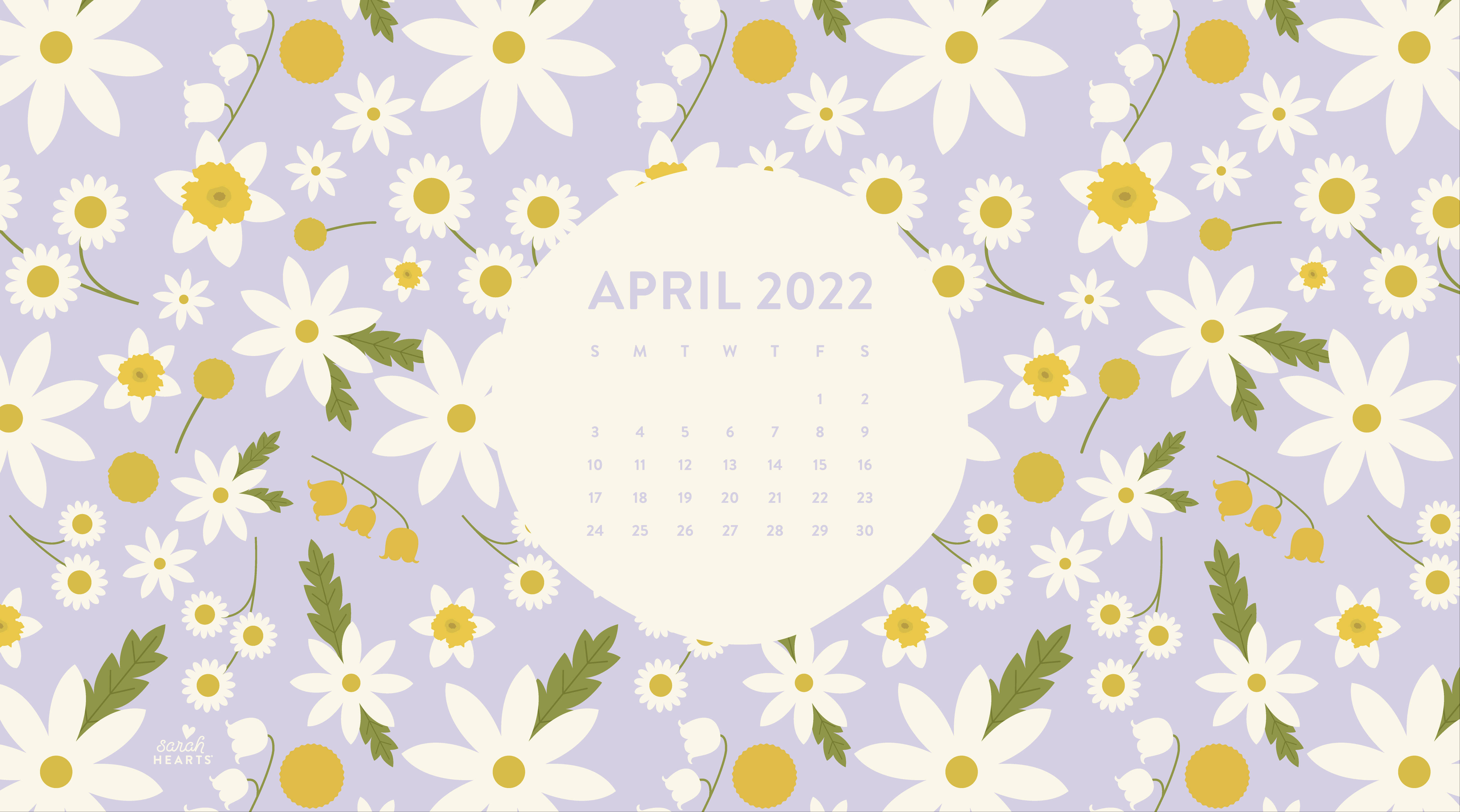 April 2022 Calendar, pastel lavender, white daisies, 5K Desktop Wallpaper