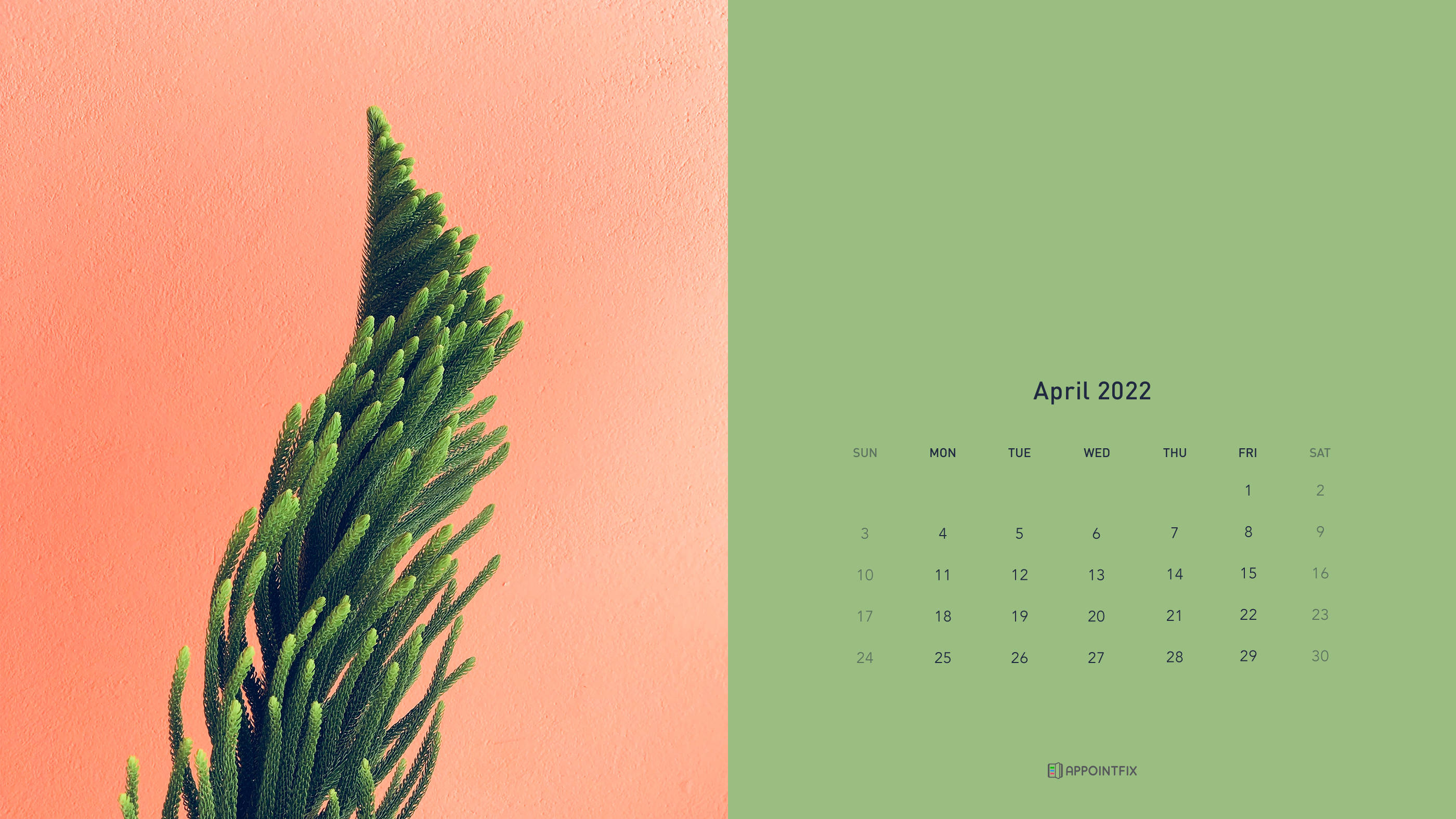 April 2022 Calendar, coral, sage green, 2K Desktop Wallpaper