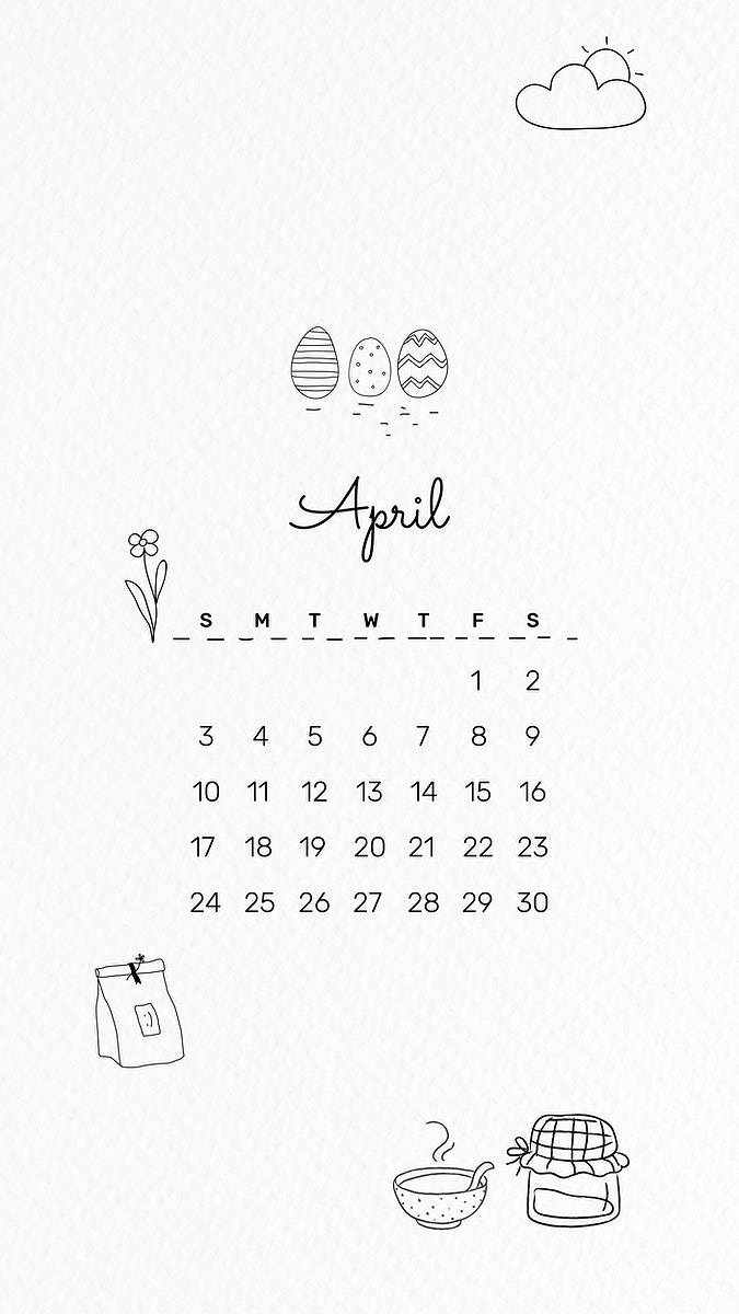 April 2022 Calendar, hand-drawn eggs, flowers, SD Phone Wallpaper
