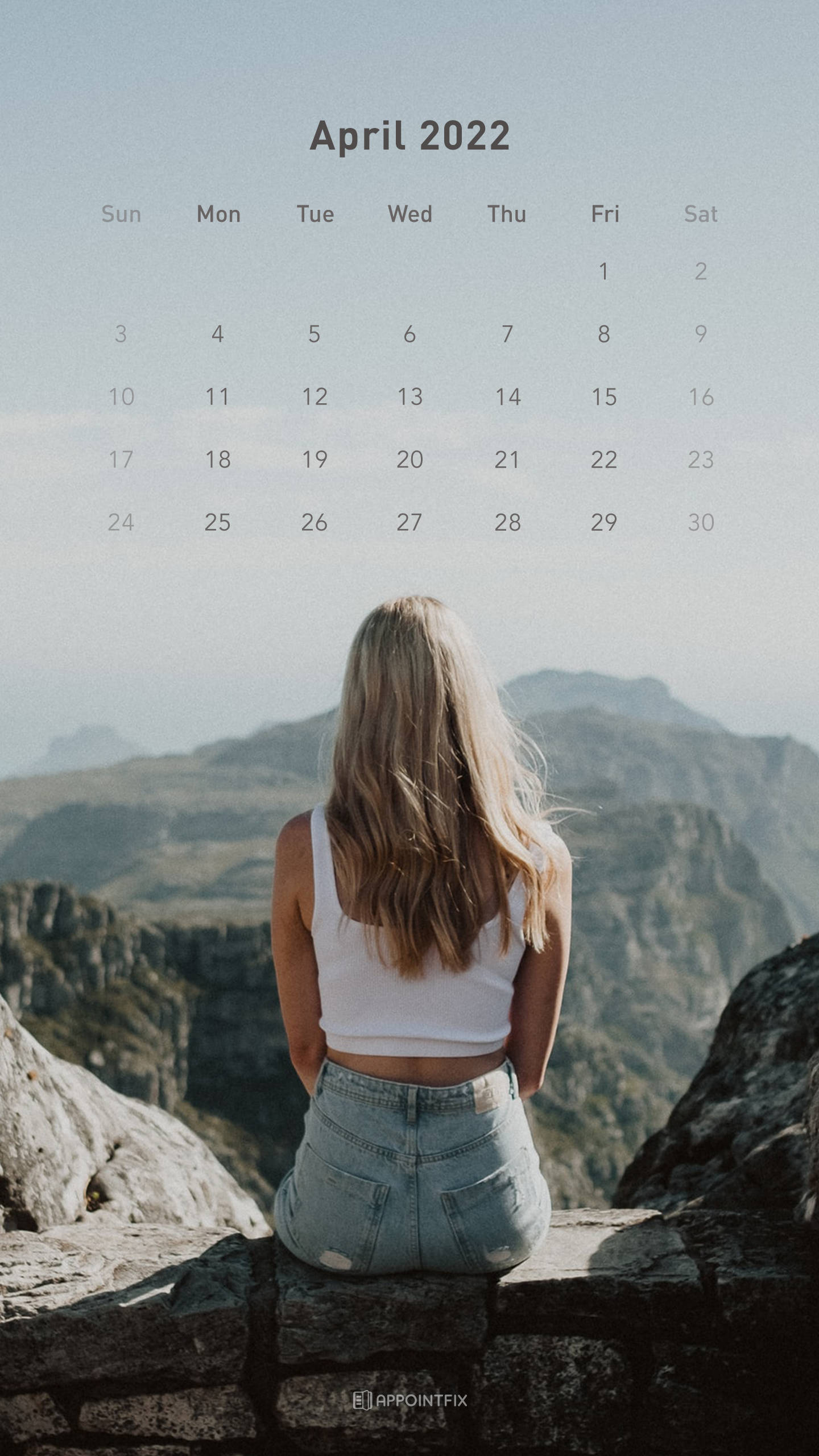 April 2022 calendar, long blonde hair, rocky cliff edge, 2K Phone Wallpaper