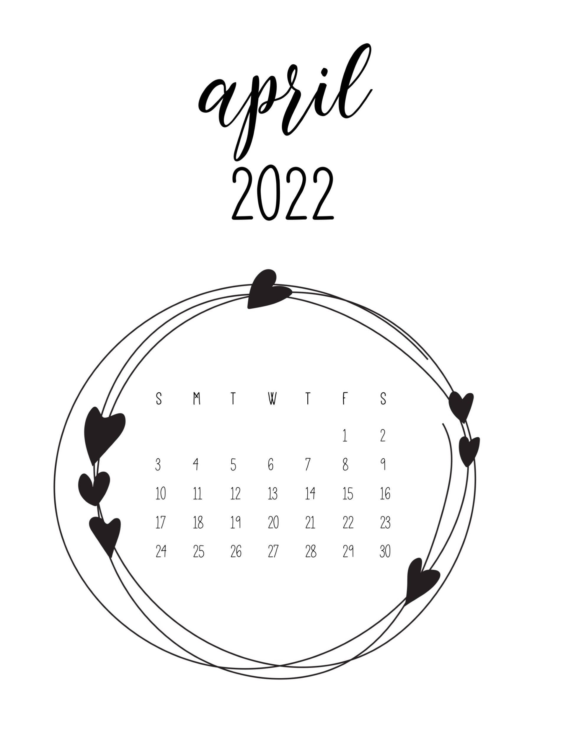 April 2022 Calendar, black and white, circular wreath of hearts, 2K Phone Wallpaper