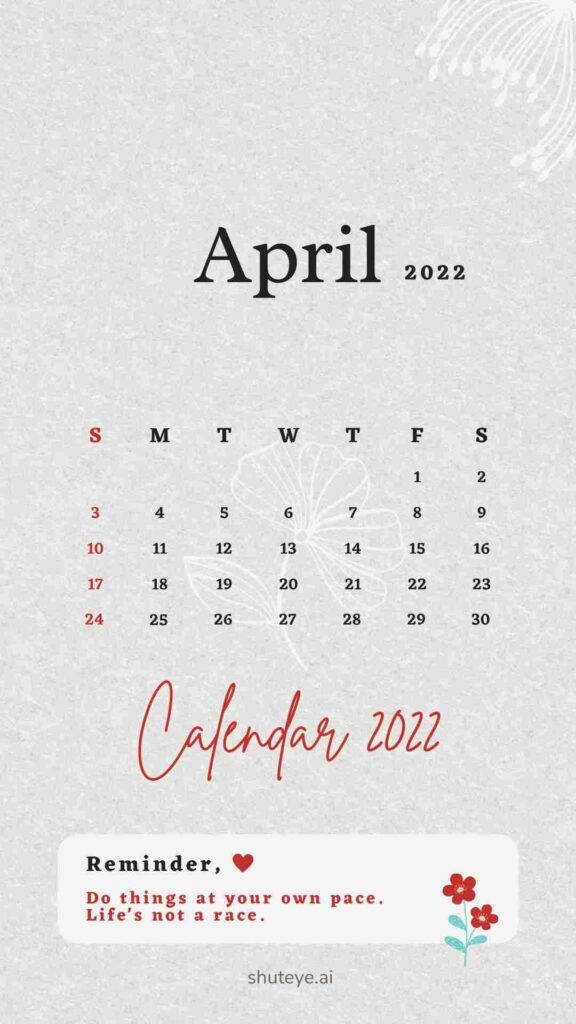 April 2022 Calendar, white, red, SD Phone Wallpaper