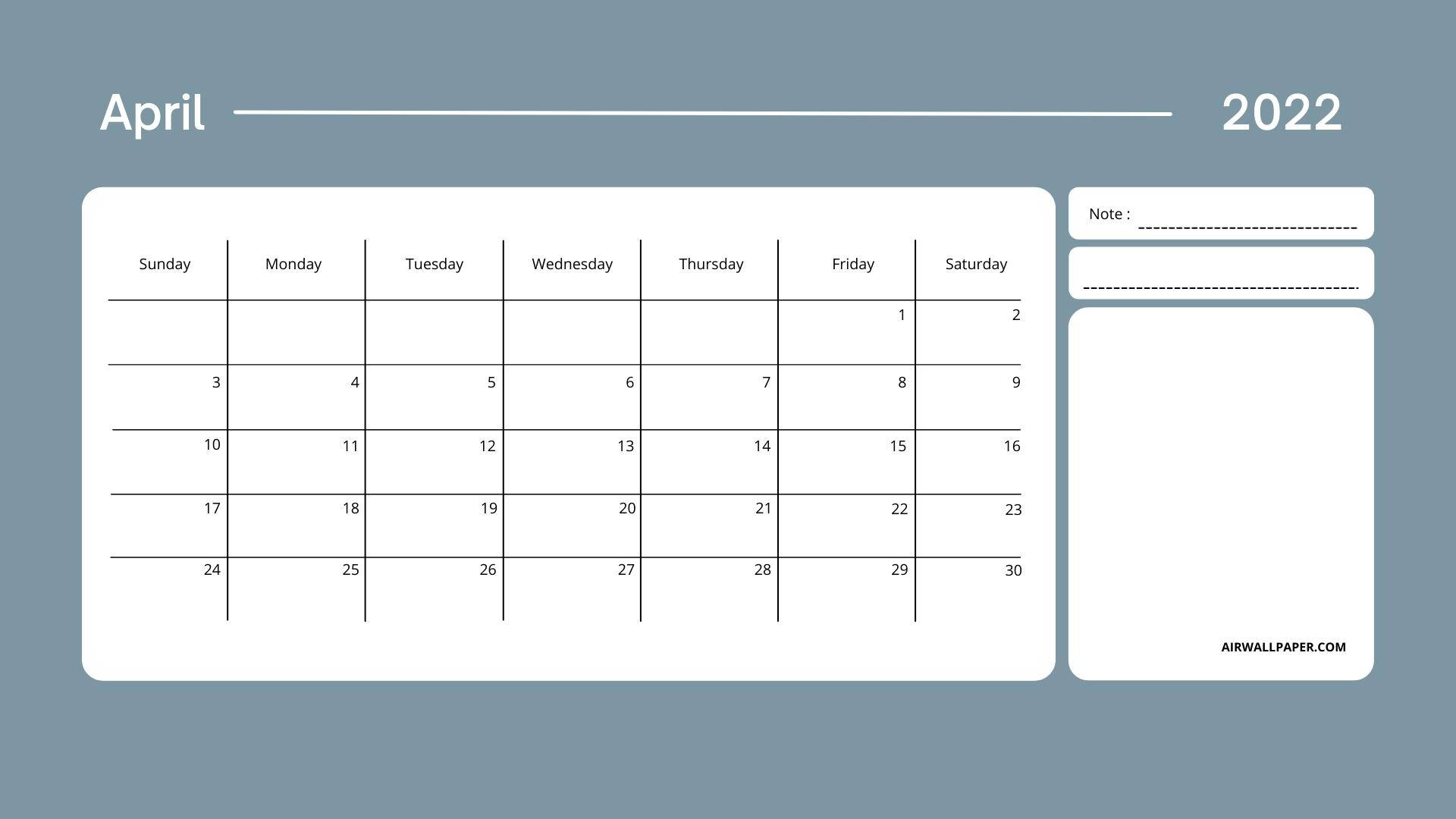 April 2022 Calendar, Basic Blue White, muted blue background, Full HD Desktop Wallpaper