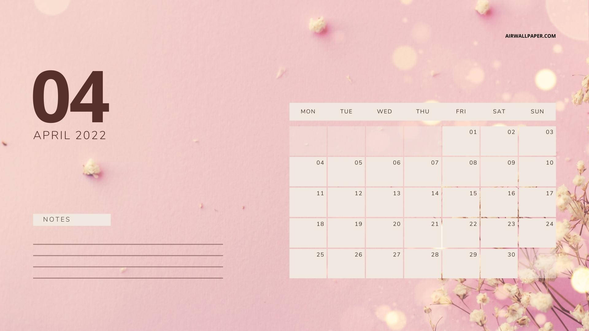 April 2022 Calendar, soft pink, baby's breath flowers, Full HD Desktop Wallpaper