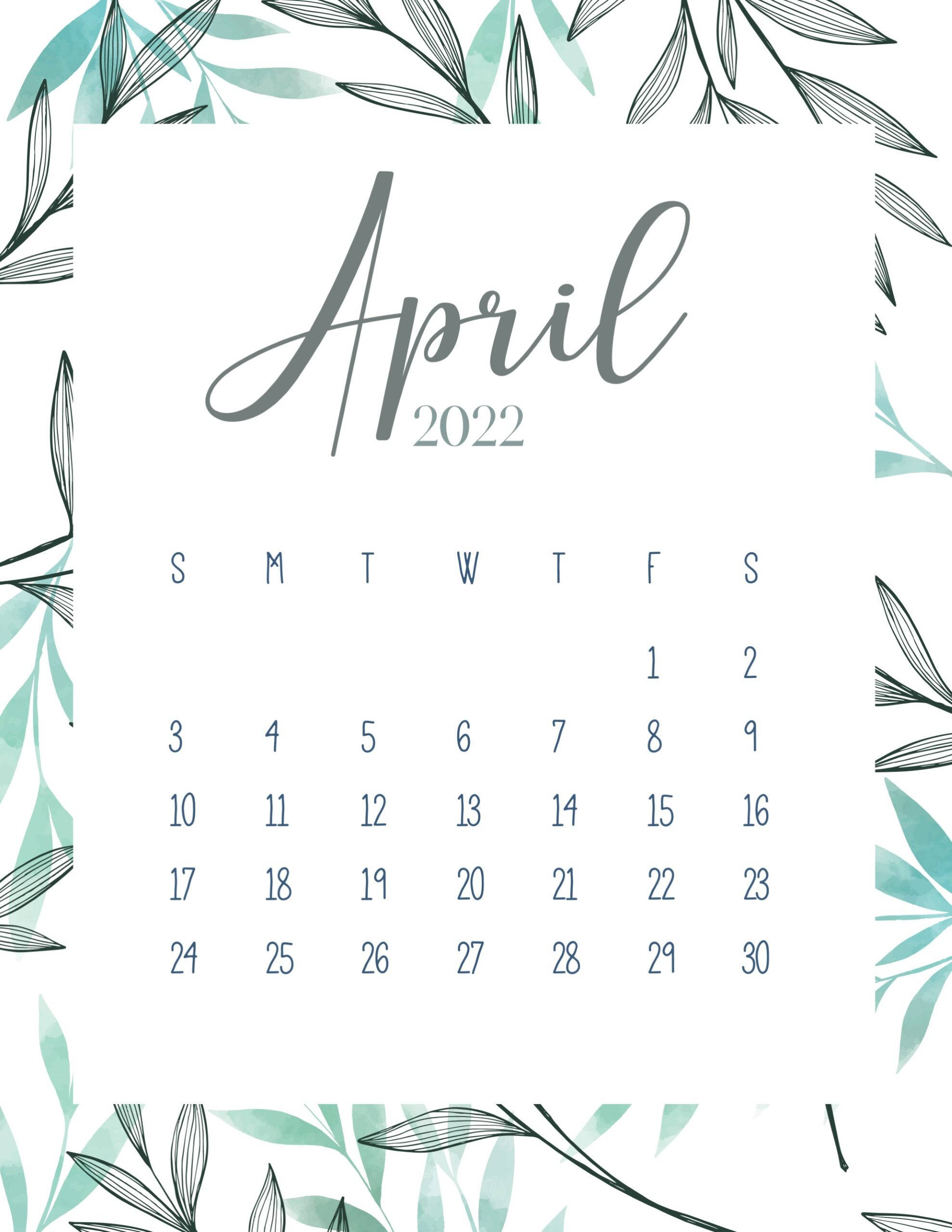 April 2022 Calendar, teal, black, 2K Phone Wallpaper