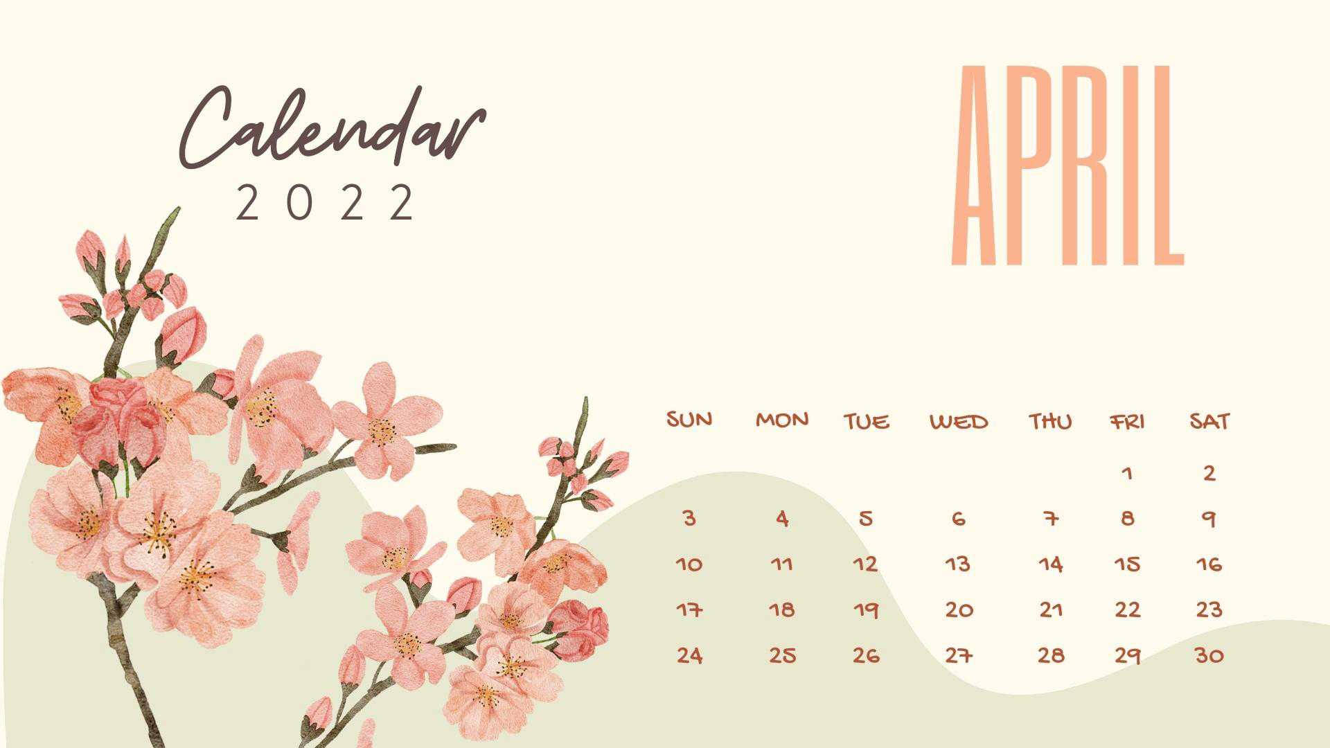 April 2022 Calendar, flower art, pink cherry blossoms, Full HD Desktop Wallpaper