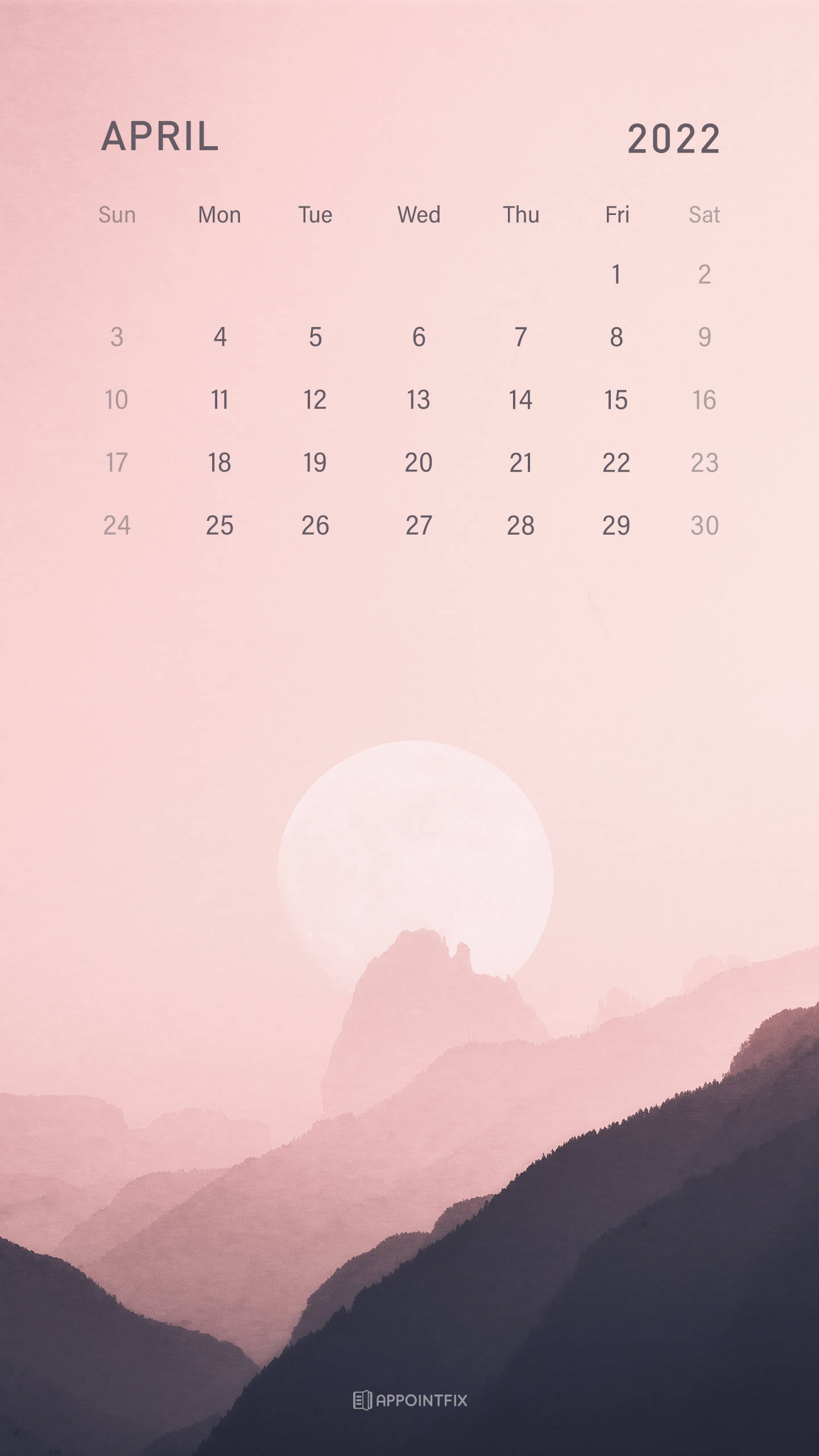 April 2022 Calendar, moon, mountain range, 2K Phone Wallpaper