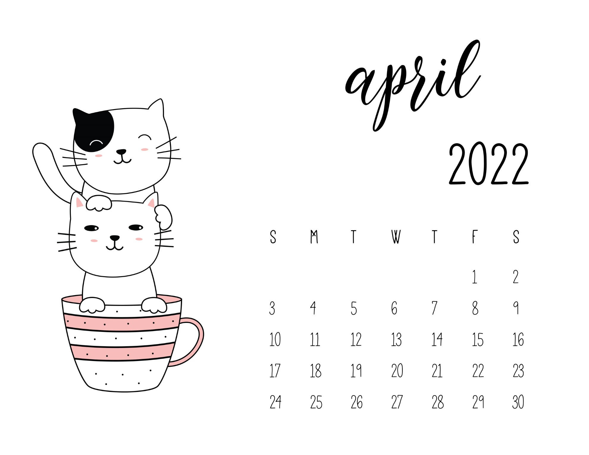 cute cat april 2022 calendar, Adorable Cat Themed April 2022 Calendar, black and white cat, Full HD Desktop Wallpaper