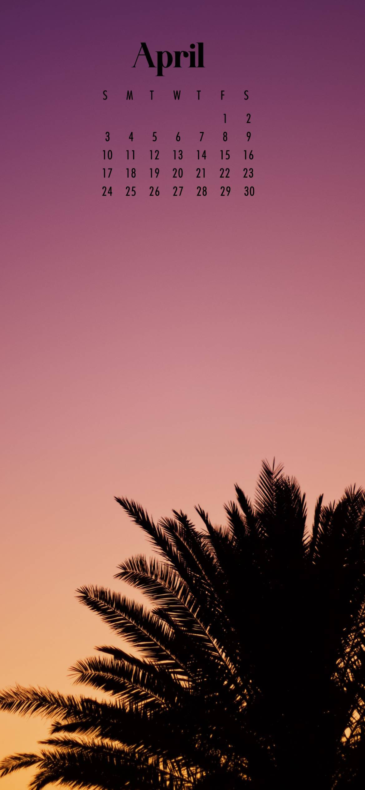 Tree Sunset April 2022 Calendar, gradient sky, purple to peach, Full HD Phone Wallpaper