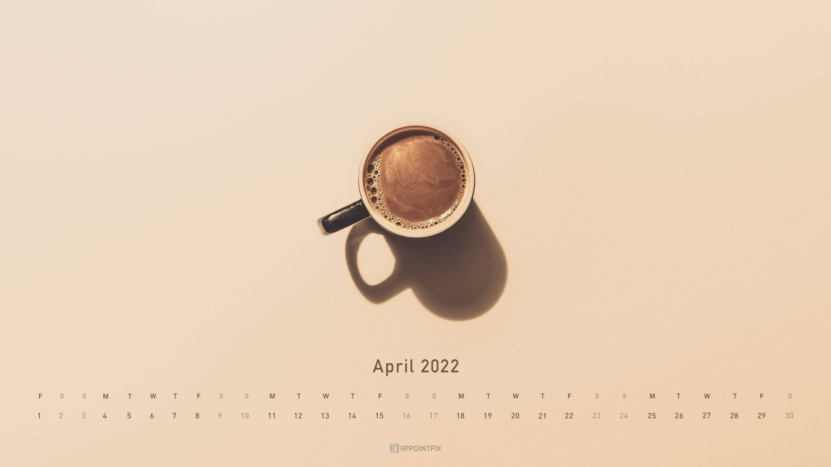 April 2022 Calendar, steaming coffee cup, beige surface, 2K Desktop Wallpaper