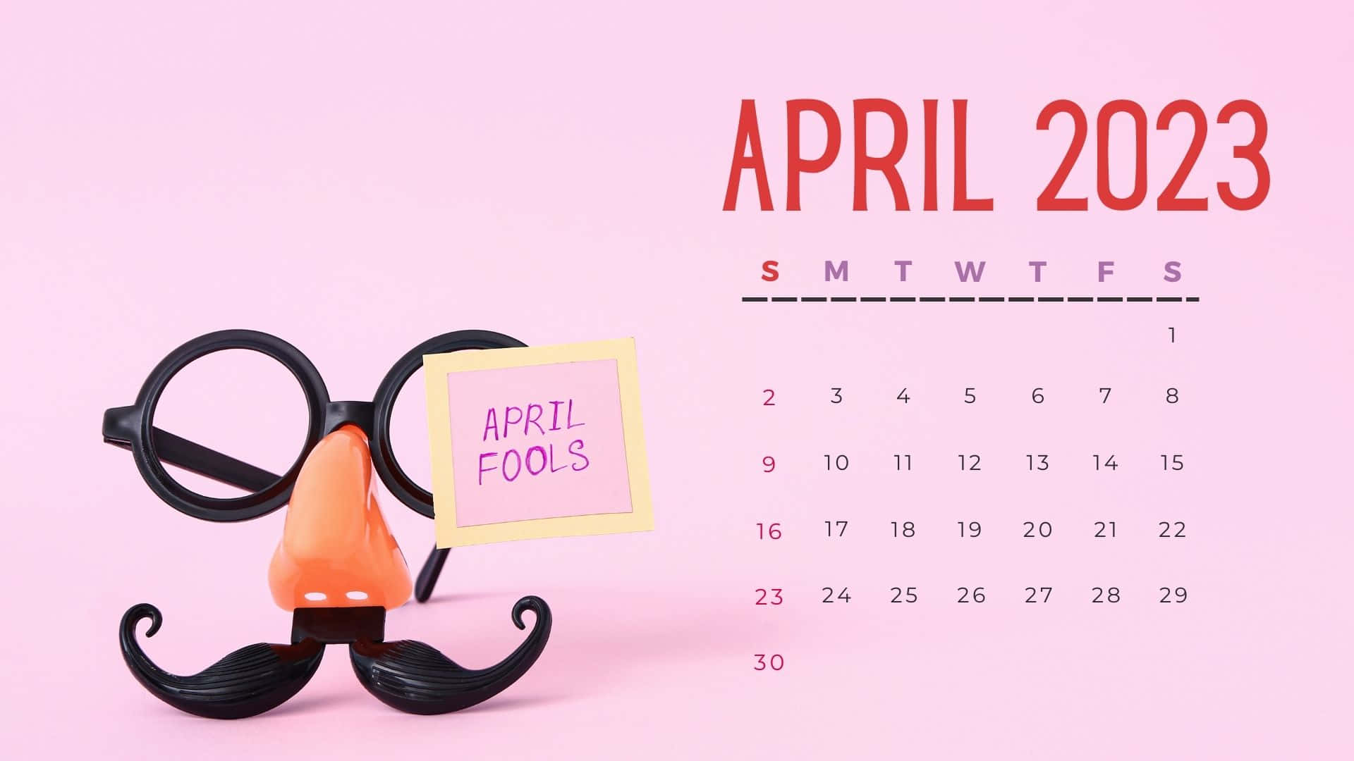 April Fools calendar, mustache glasses character, soft pink background, Full HD Desktop Wallpaper