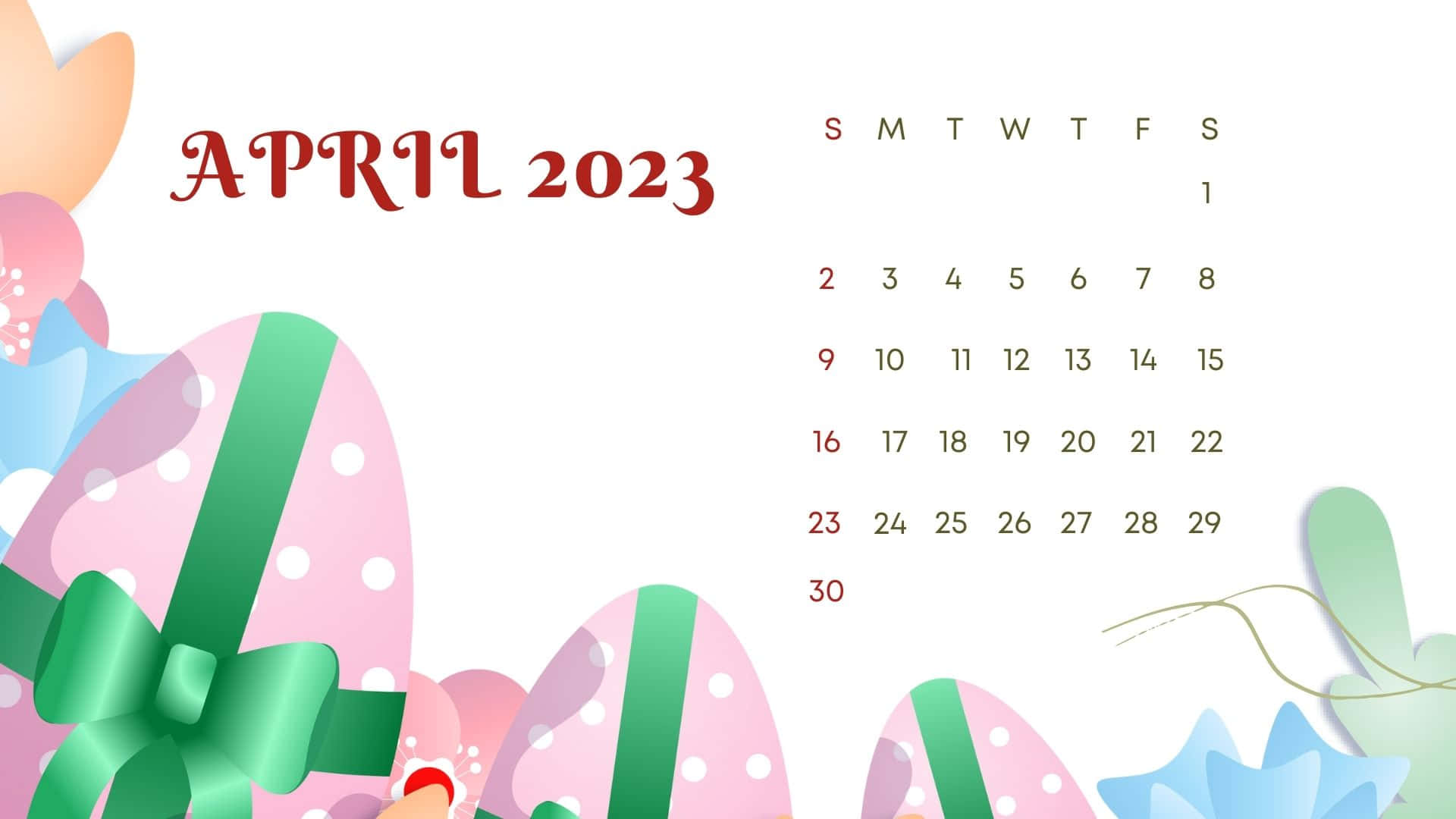 April 2023 Calendar, pastel Easter eggs, green bows, Full HD Desktop Wallpaper