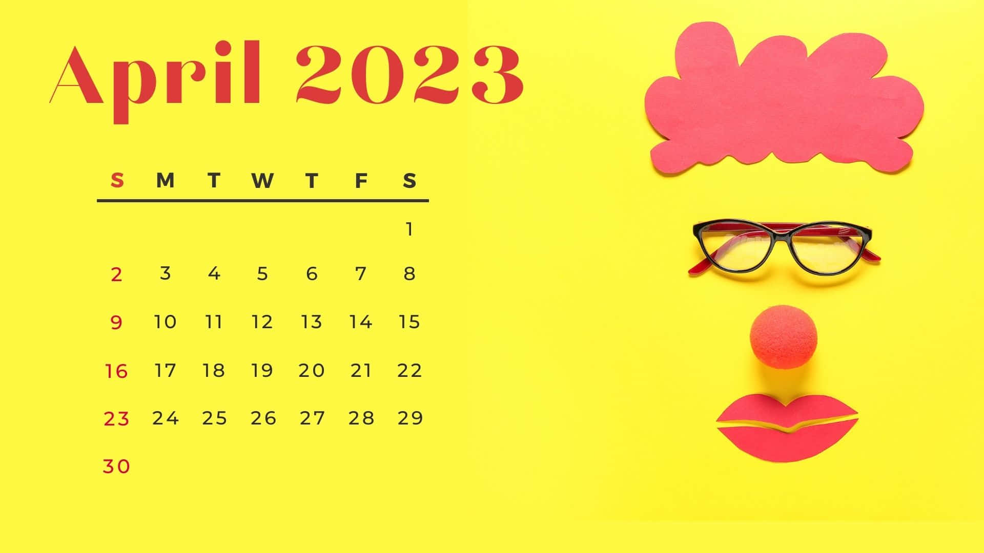April 2023 Calendar, bright yellow, playful clown face, Full HD Desktop Wallpaper