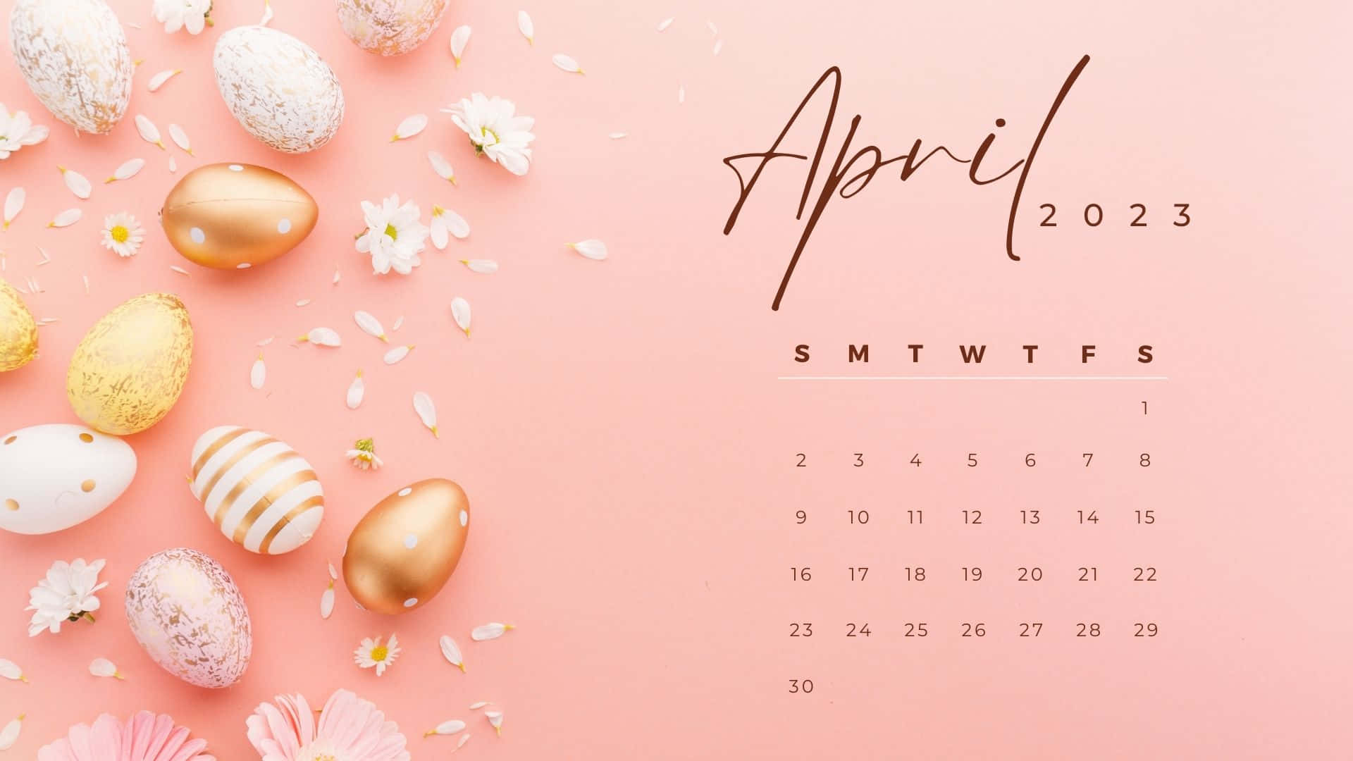 April 2023 calendar, pastel pink background, gold and white patterned Easter eggs, Full HD Desktop Wallpaper