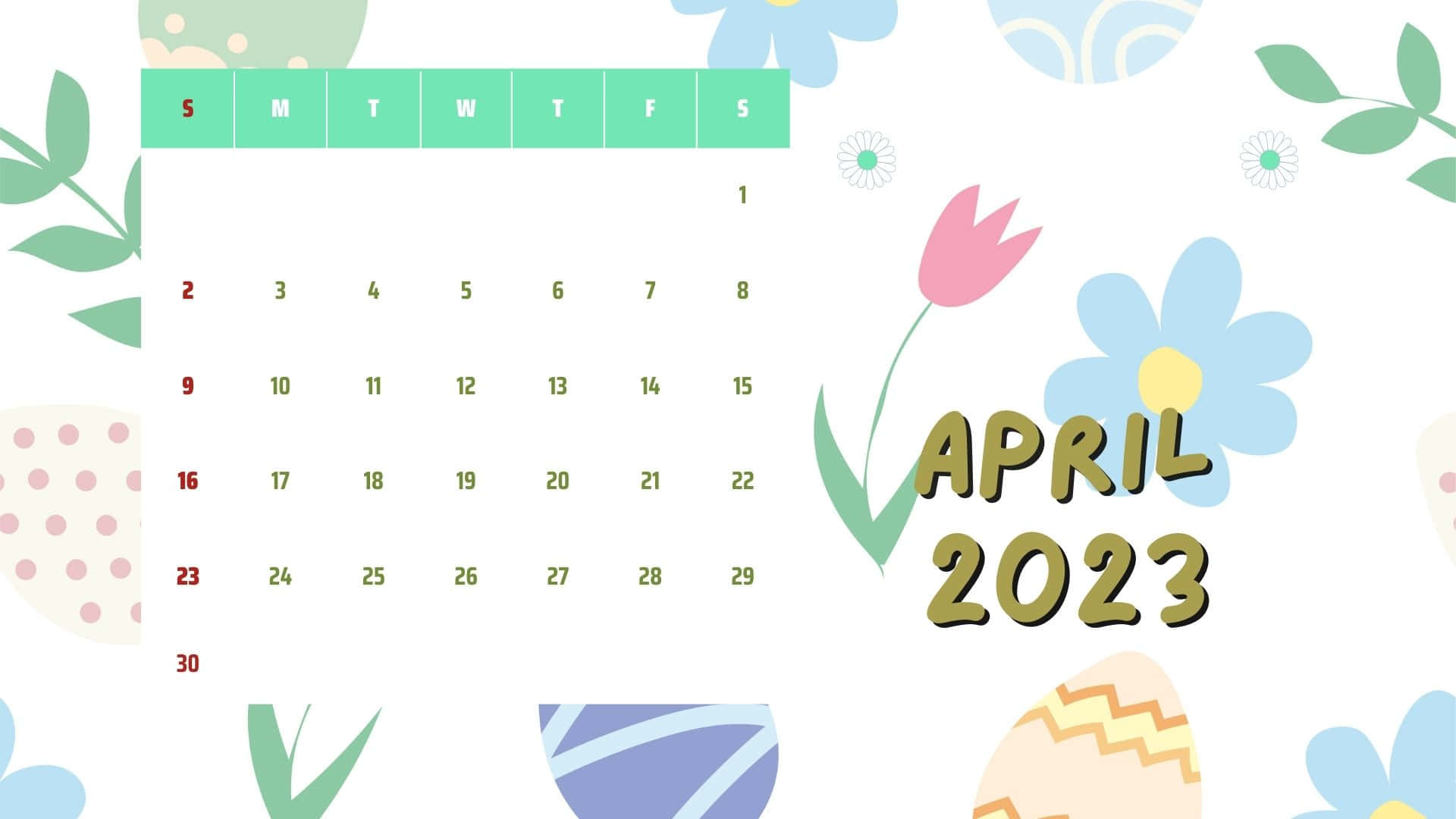 April 2023 Calendar, pastel flowers, patterned eggs, Full HD Desktop Wallpaper