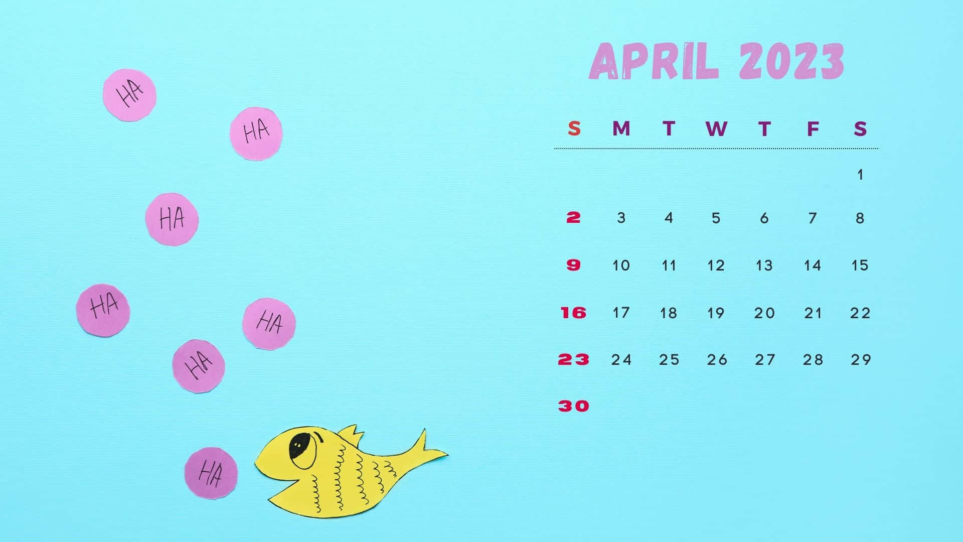 April 2023 calendar, yellow fish, stitched details, Full HD Desktop Wallpaper